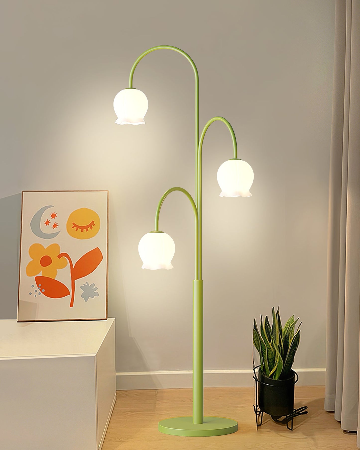 Bell Orchid Floor Lamp | Modern Minimalist Green & Glass Standing Light