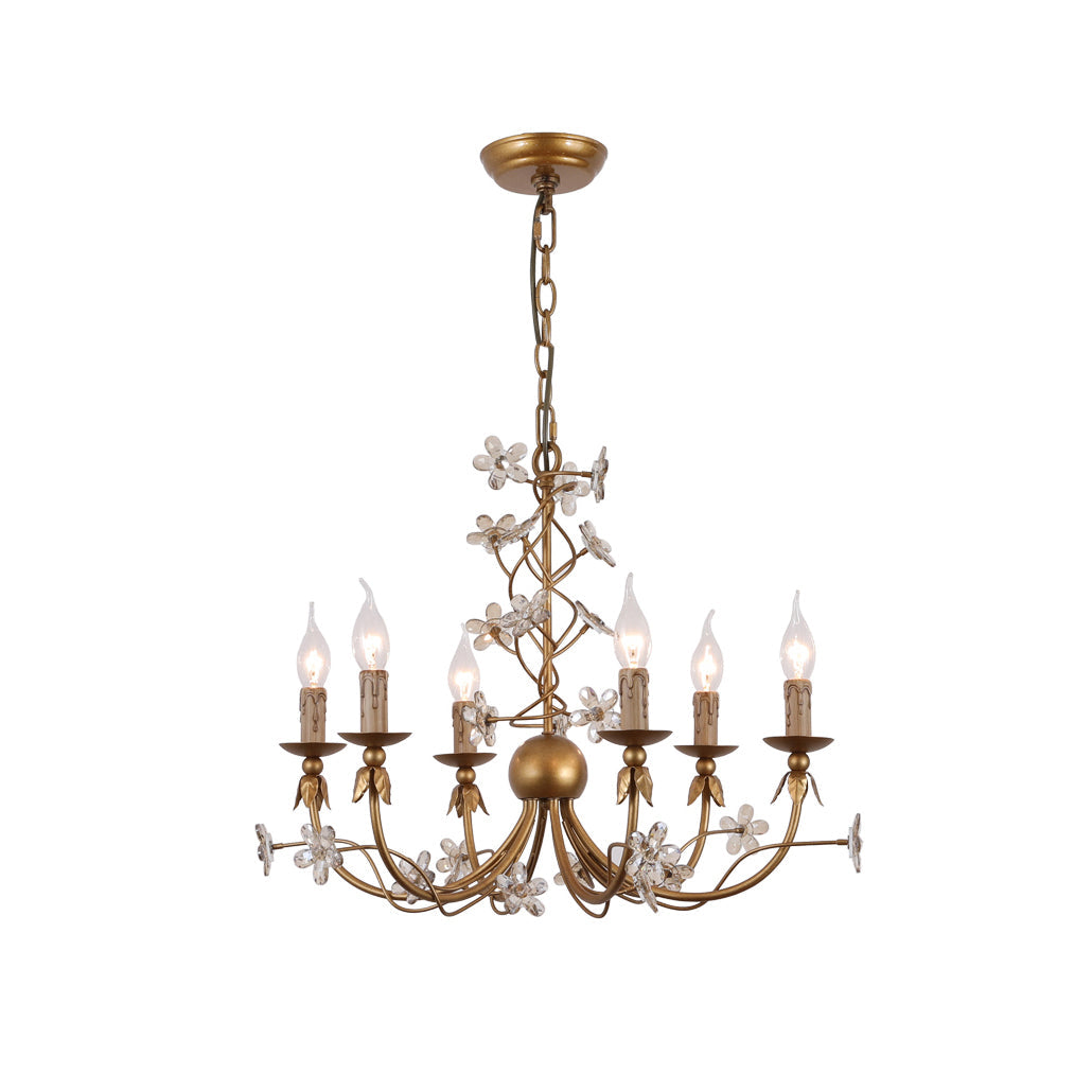 Belleville Floral Brass Chandelier | Hand-Forged 6-Light Crystal & Vine Lamp