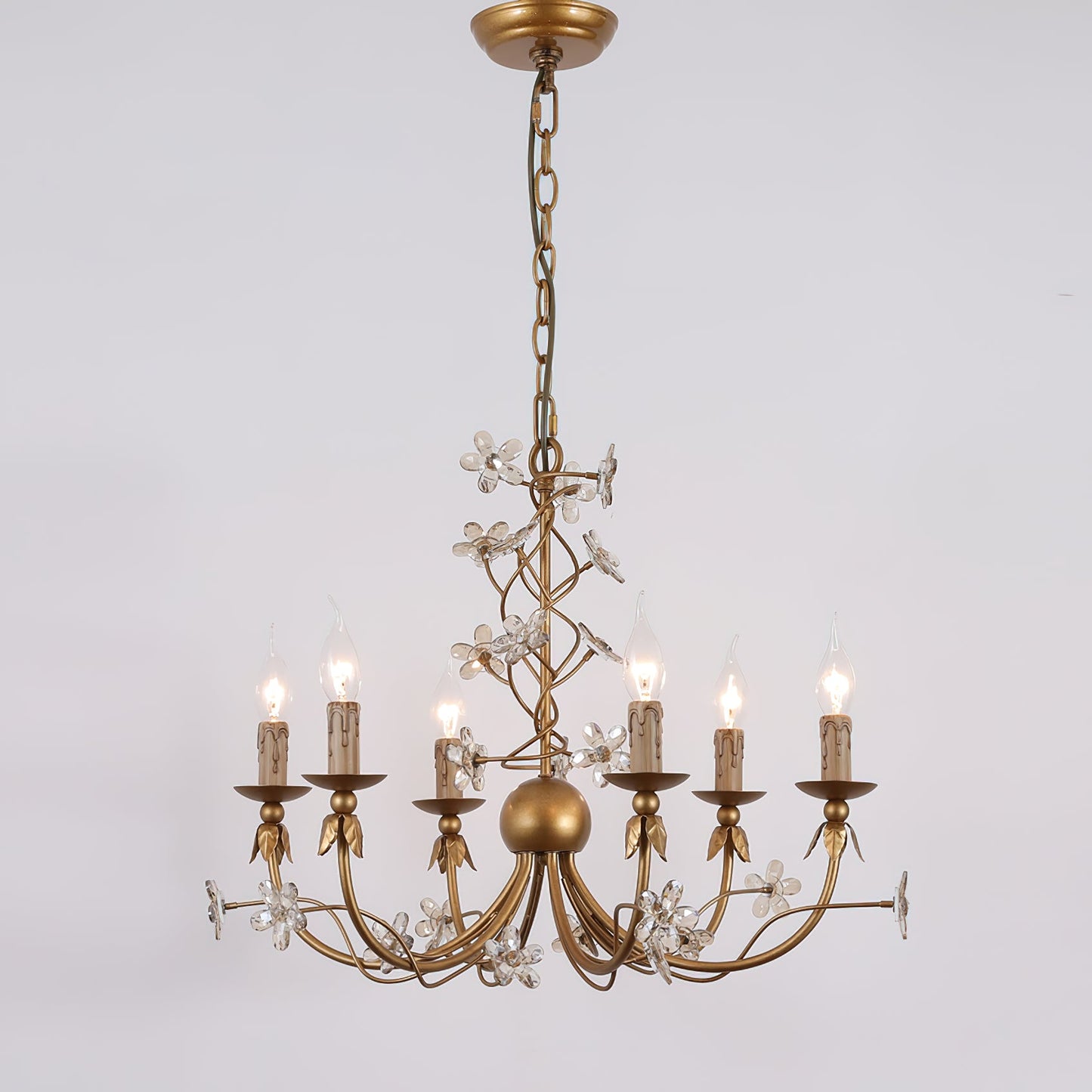 Belleville Floral Brass Chandelier | Hand-Forged 6-Light Crystal & Vine Lamp