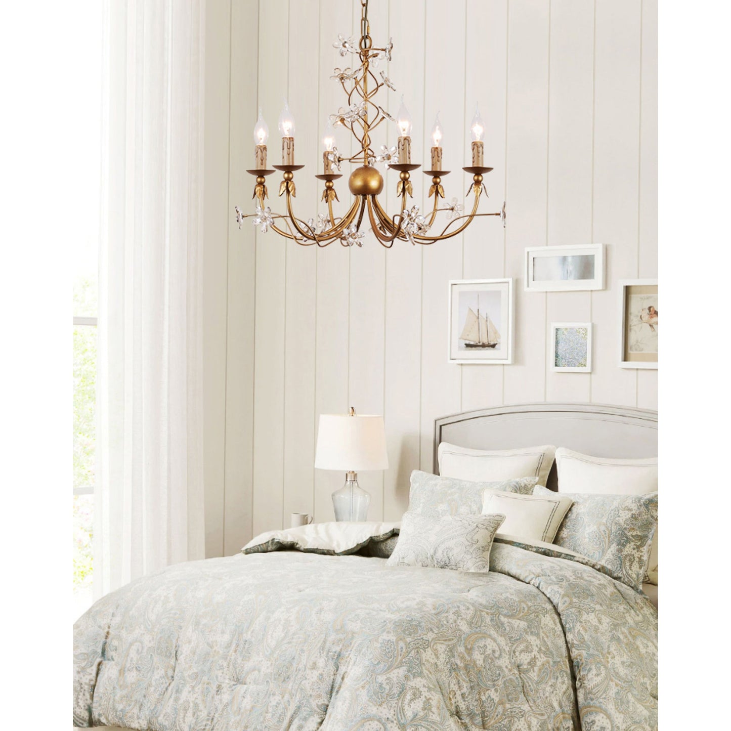 Belleville Floral Brass Chandelier | Hand-Forged 6-Light Crystal & Vine Lamp