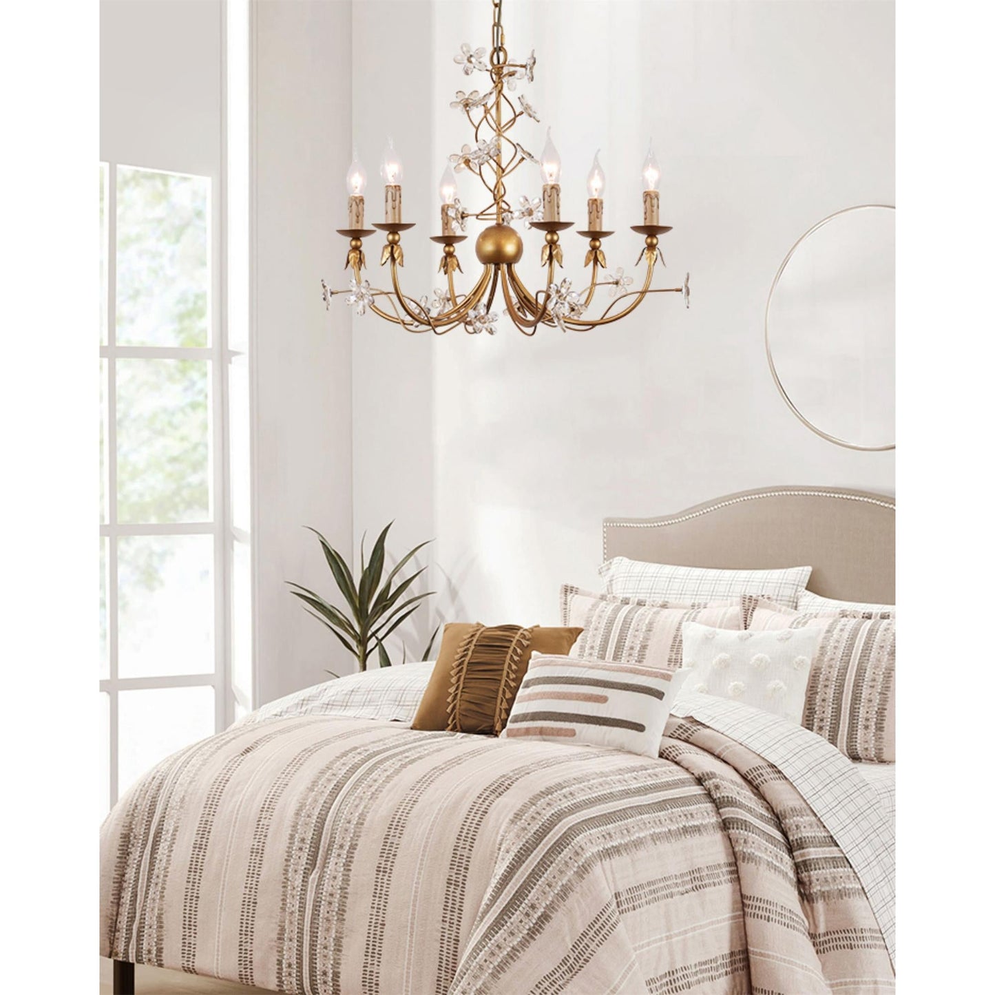 Belleville Floral Brass Chandelier | Hand-Forged 6-Light Crystal & Vine Lamp