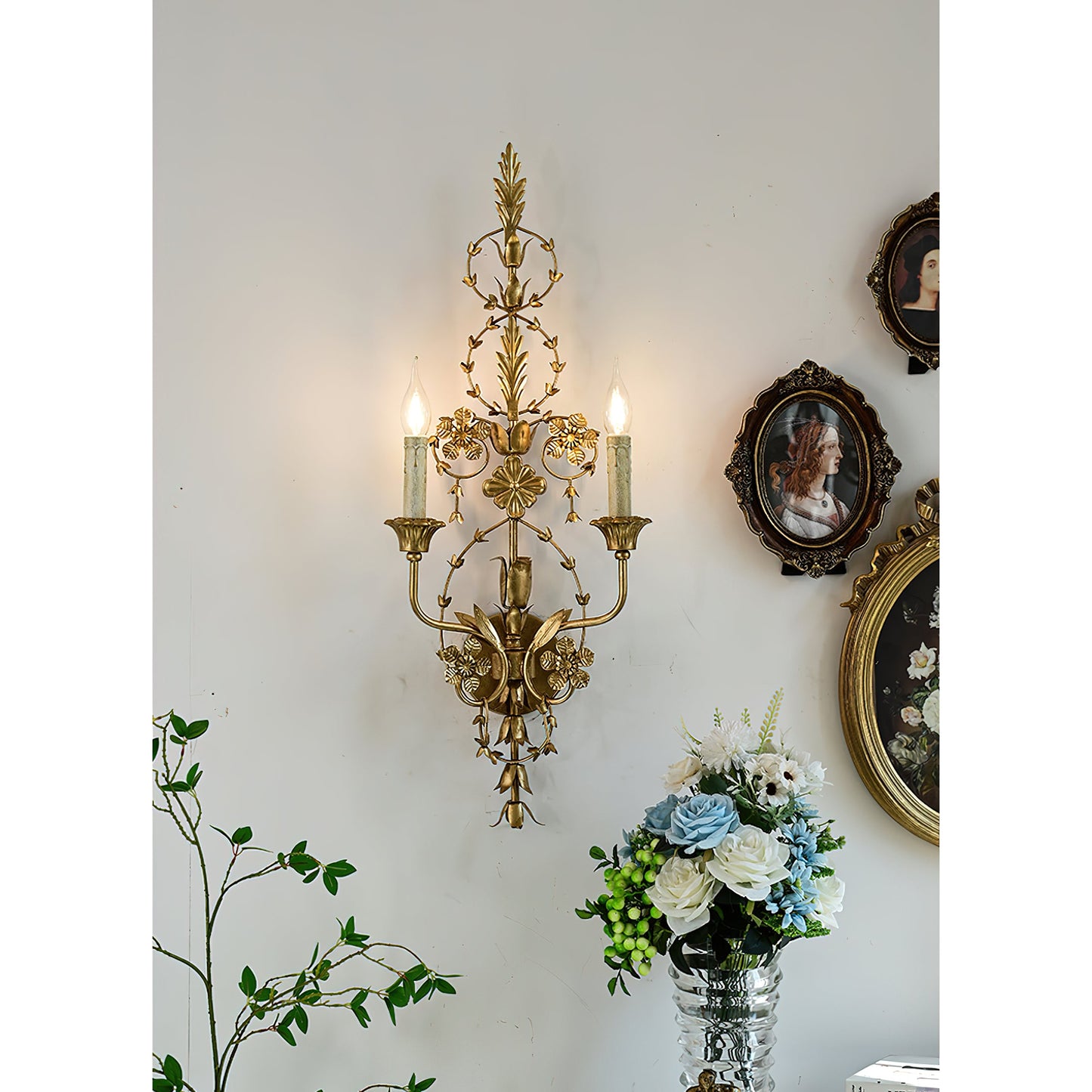 Belmonte Brass Wall Sconce | Tall 75cm Vintage Candle Wall Lamp