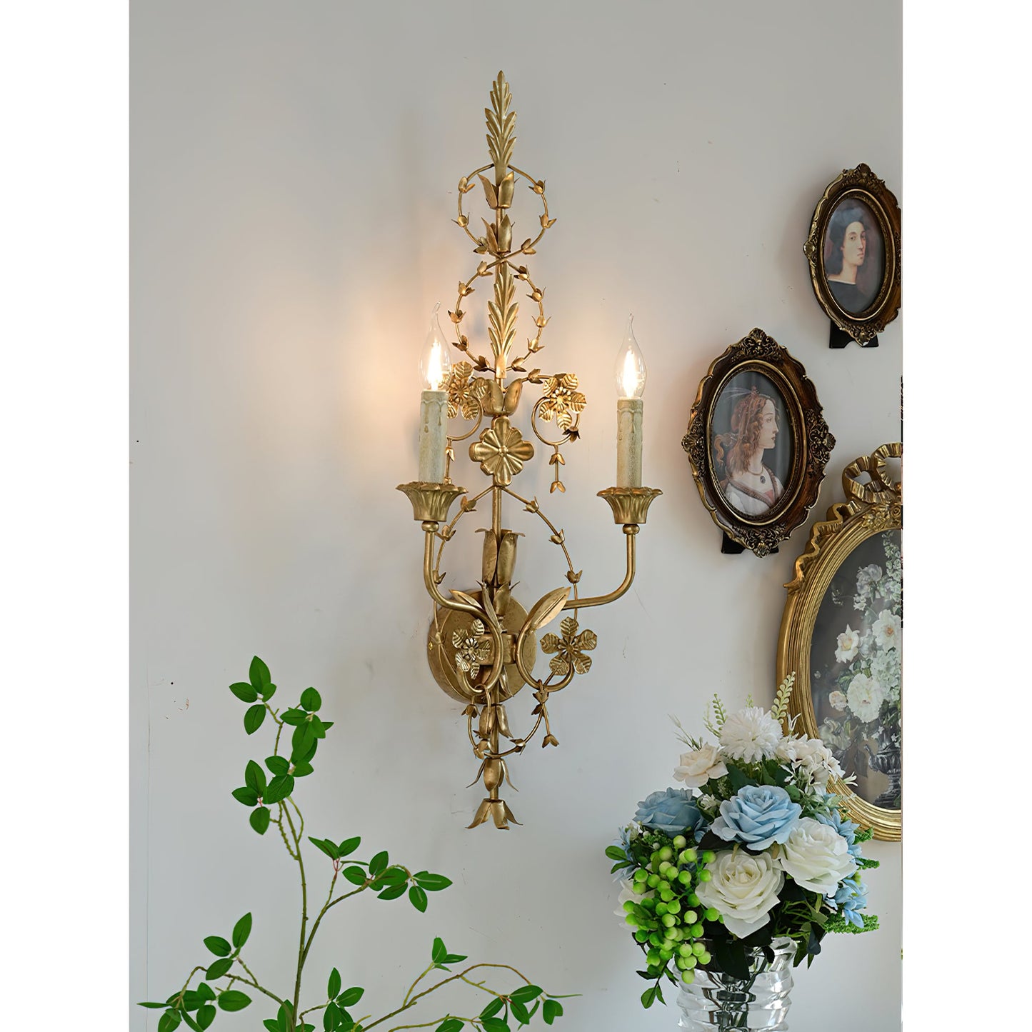 Belmonte Brass Wall Sconce | Tall 75cm Vintage Candle Wall Lamp