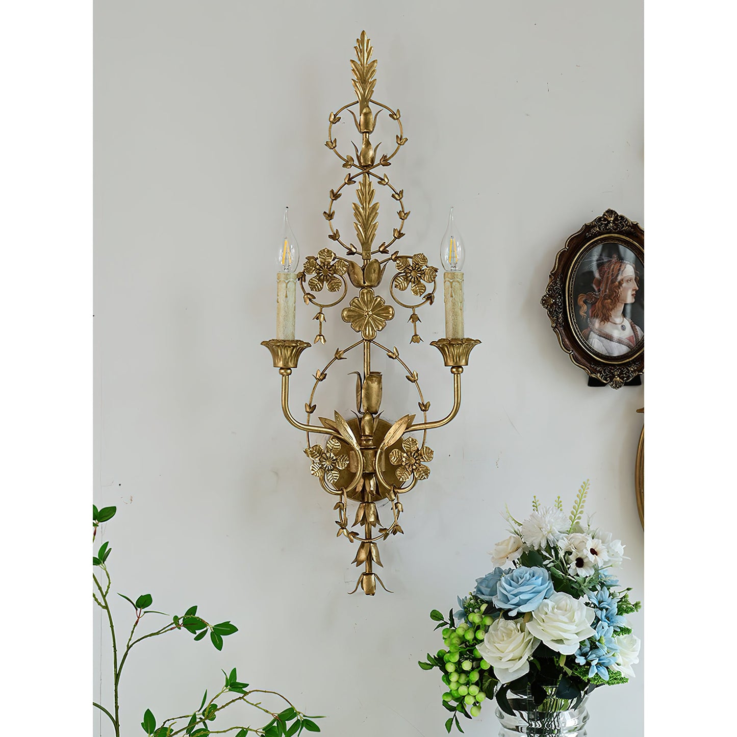 Belmonte Brass Wall Sconce | Tall 75cm Vintage Candle Wall Lamp
