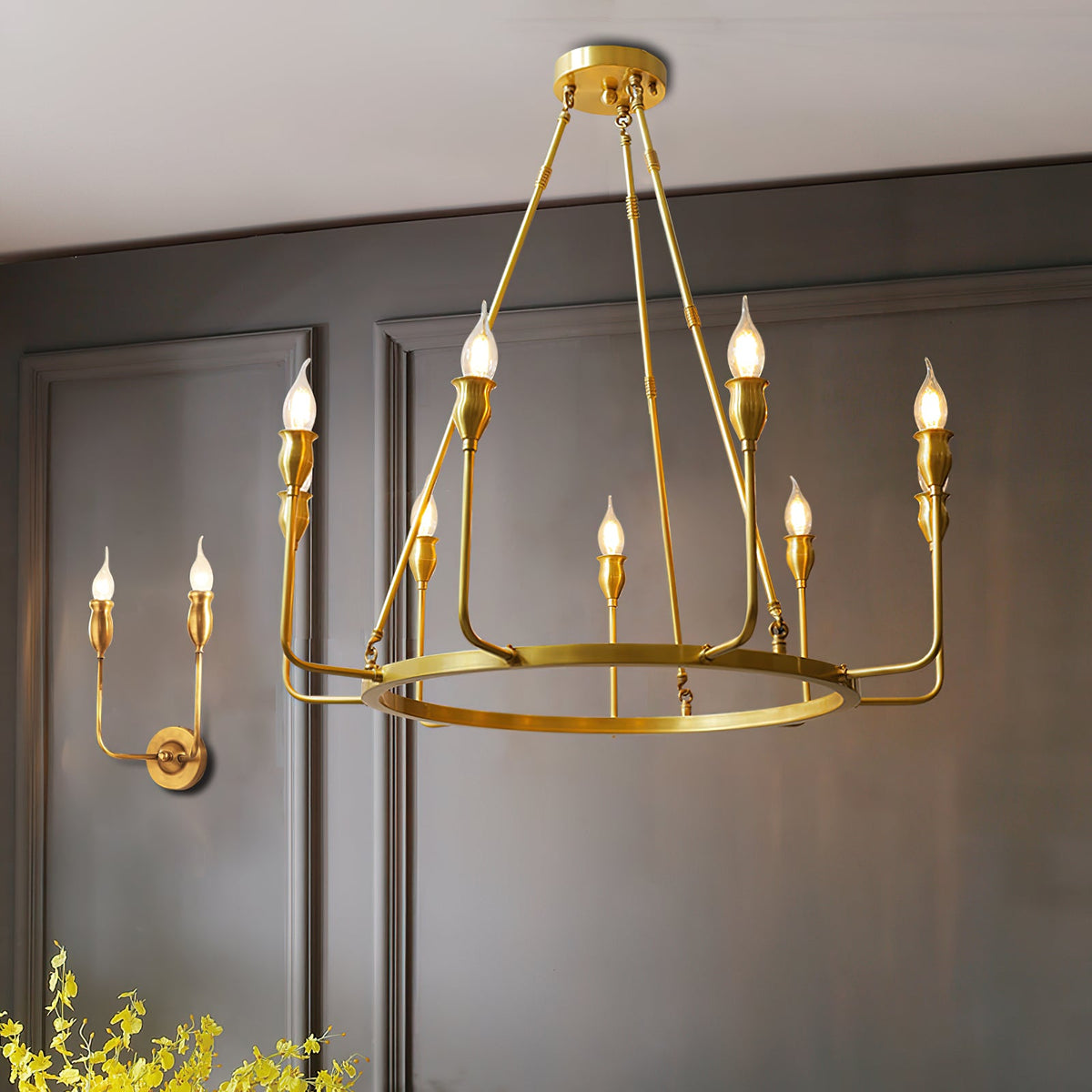 Berlin Candle Chandelier – Wagon Wheel Brass & Candlestick Multi-Head Chandelier