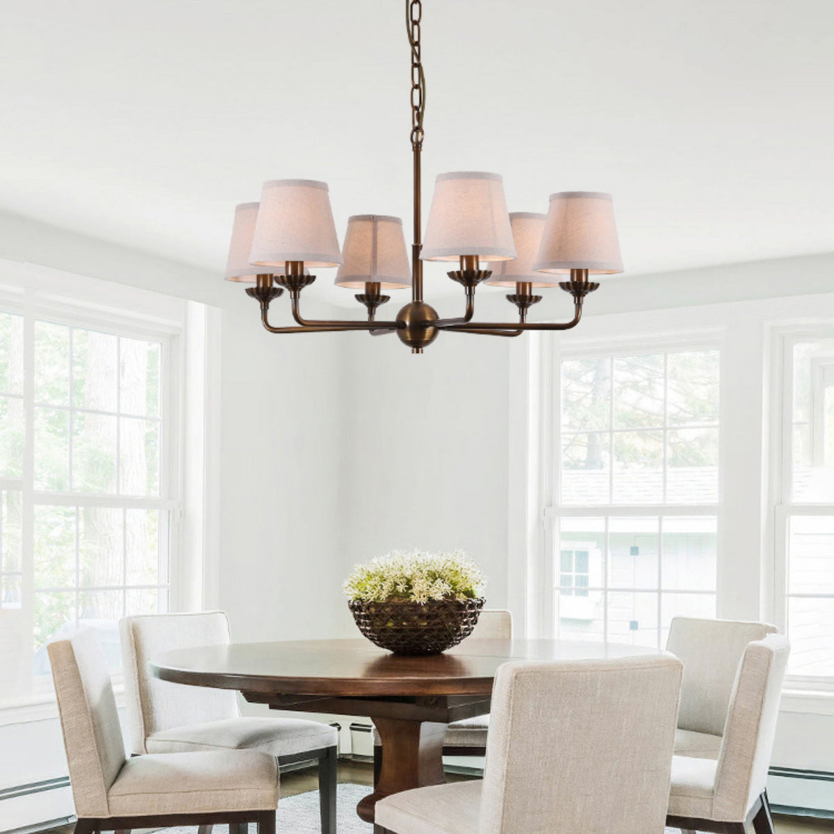 Bethany Chandelier – Antique Brass & Nebular Fabric Shade Chandelier