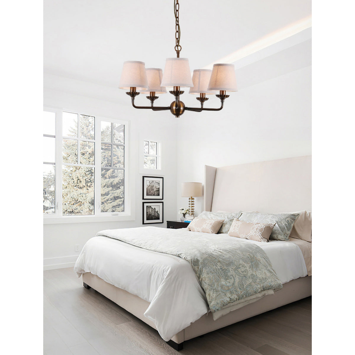 Bethany Chandelier – Antique Brass & Nebular Fabric Shade Chandelier