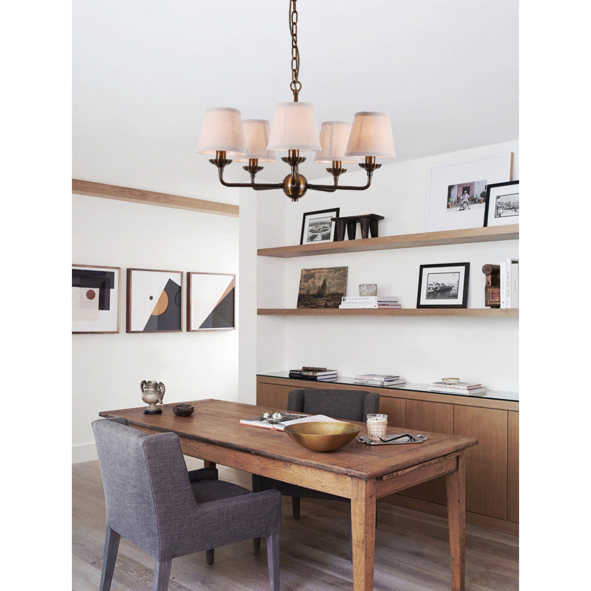 Bethany Chandelier – Antique Brass & Nebular Fabric Shade Chandelier