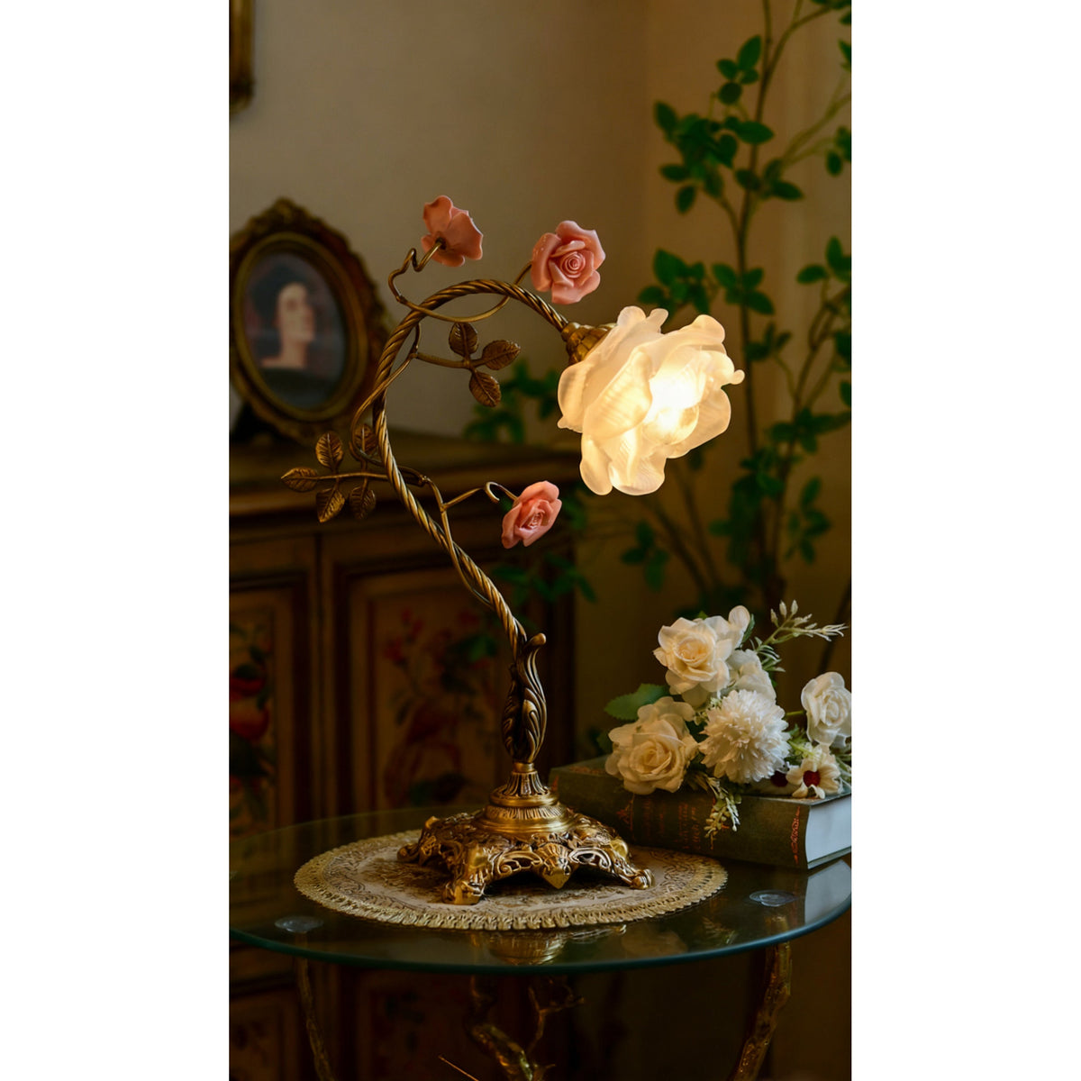 Beulah Table Lamp – Botanical Antique Bronze Brass & Ceramic Floral Accent Light