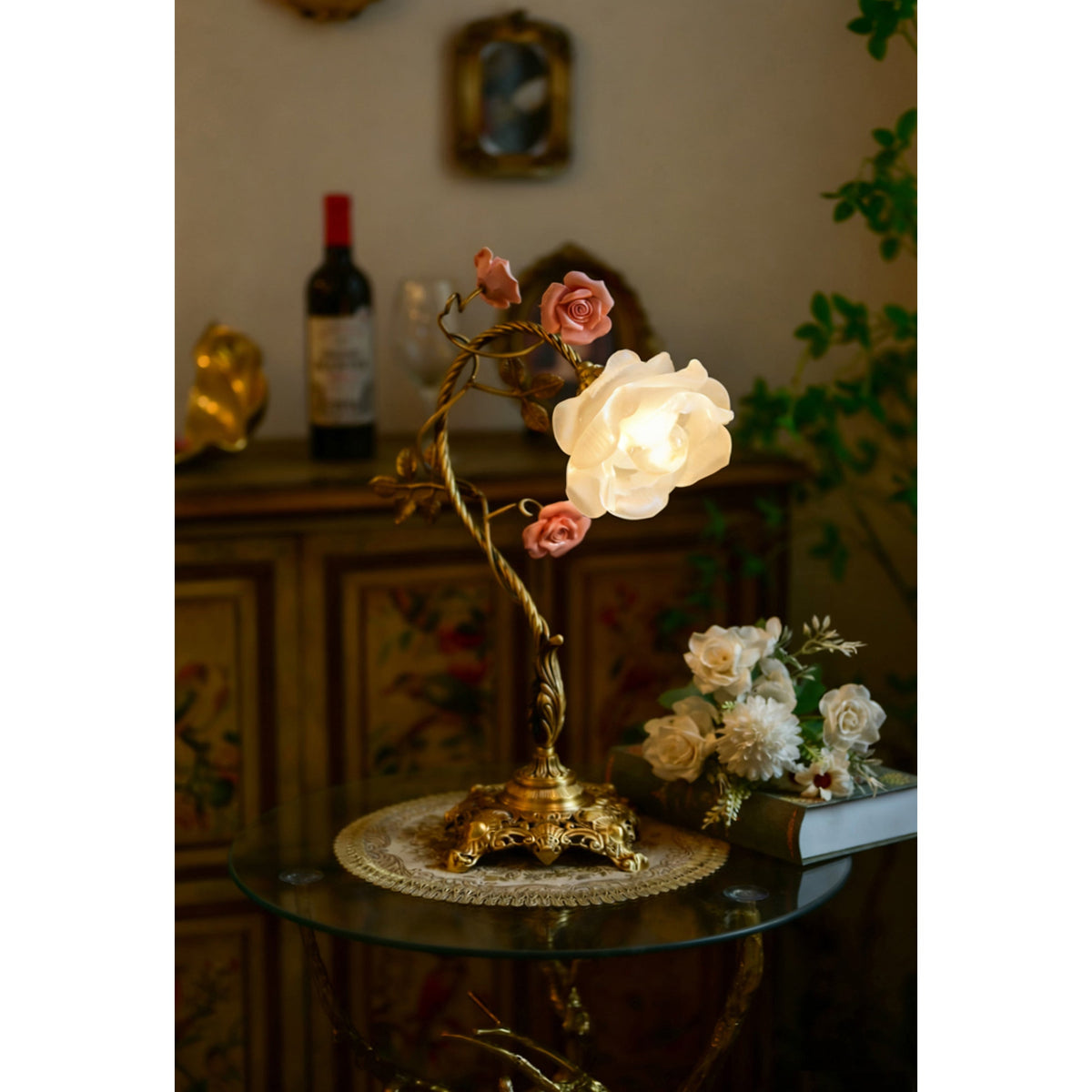 Beulah Table Lamp – Botanical Antique Bronze Brass & Ceramic Floral Accent Light