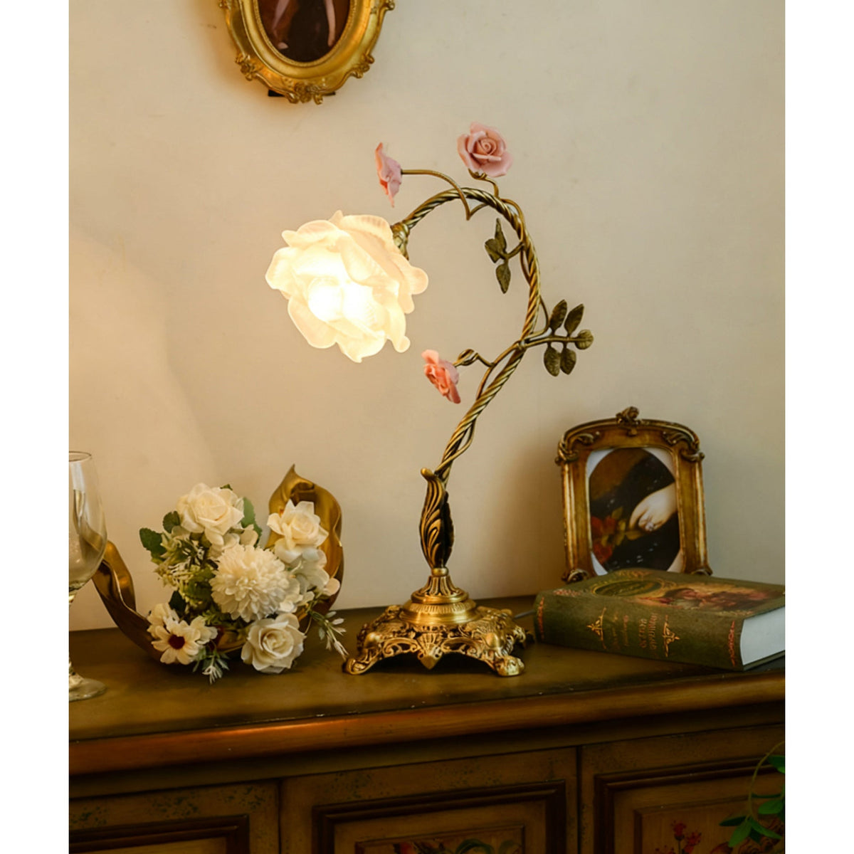 Beulah Table Lamp – Botanical Antique Bronze Brass & Ceramic Floral Accent Light