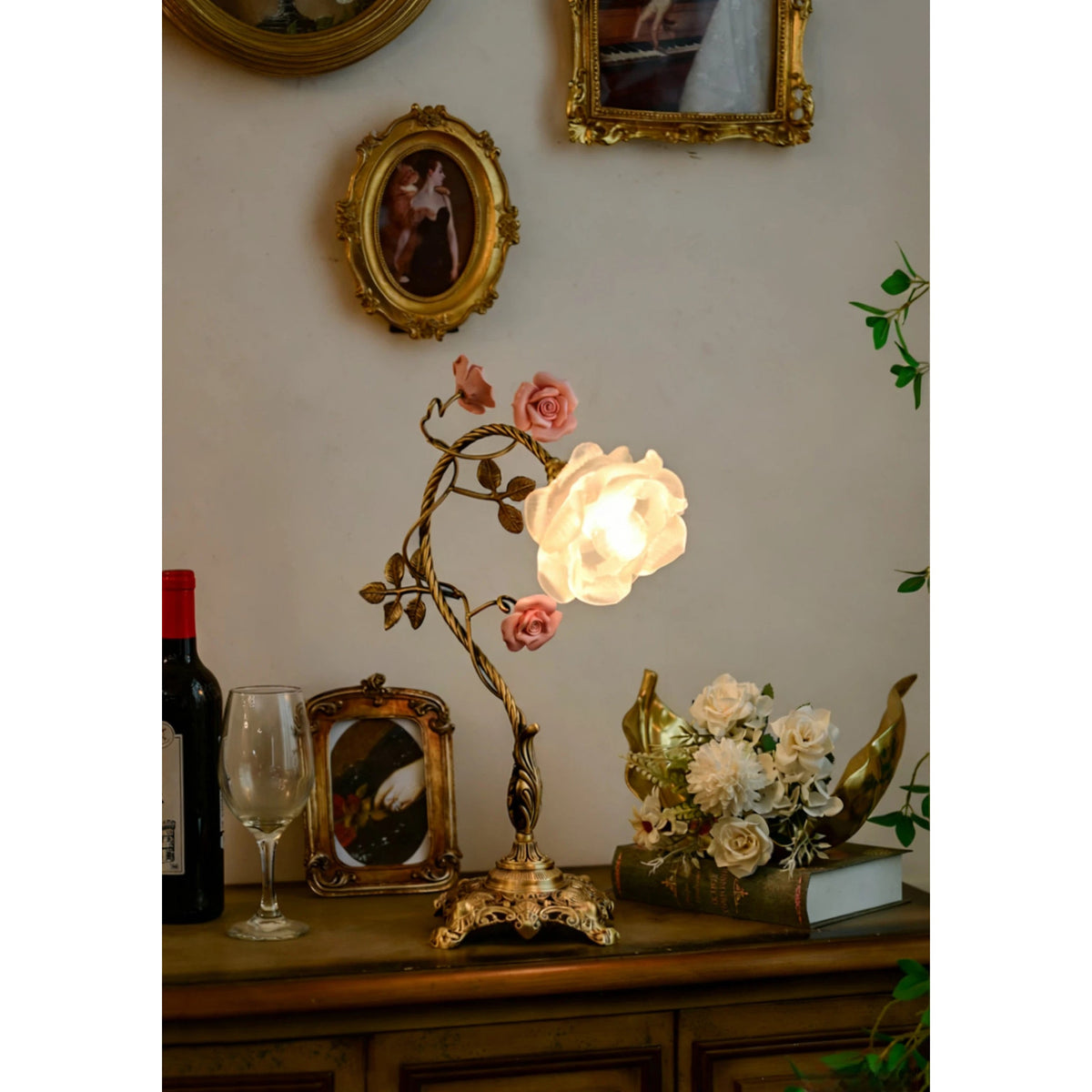 Beulah Table Lamp – Botanical Antique Bronze Brass & Ceramic Floral Accent Light