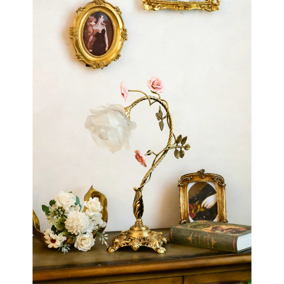 Beulah Table Lamp – Botanical Antique Bronze Brass & Ceramic Floral Accent Light