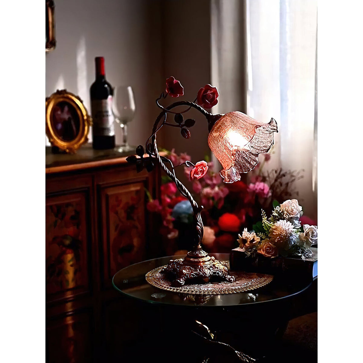 Beulah Table Lamp – Botanical Antique Bronze Brass & Ceramic Floral Accent Light