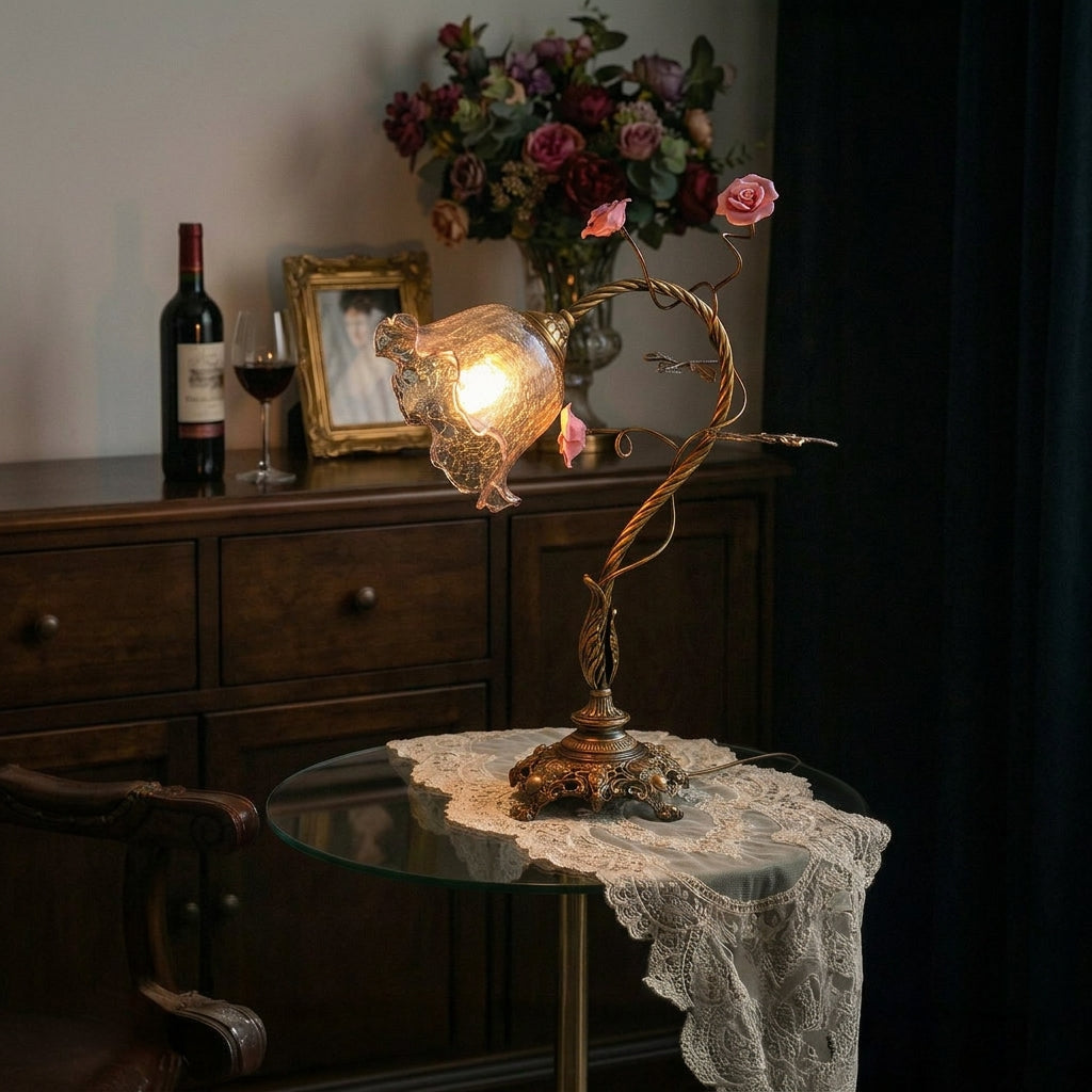 Beulah Table Lamp – Botanical Antique Bronze Brass & Ceramic Floral Accent Light