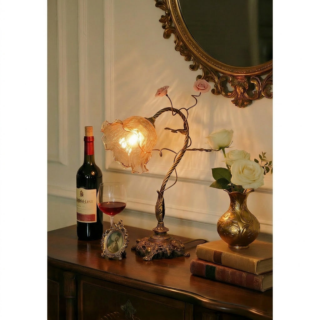 Beulah Table Lamp – Botanical Antique Bronze Brass & Ceramic Floral Accent Light