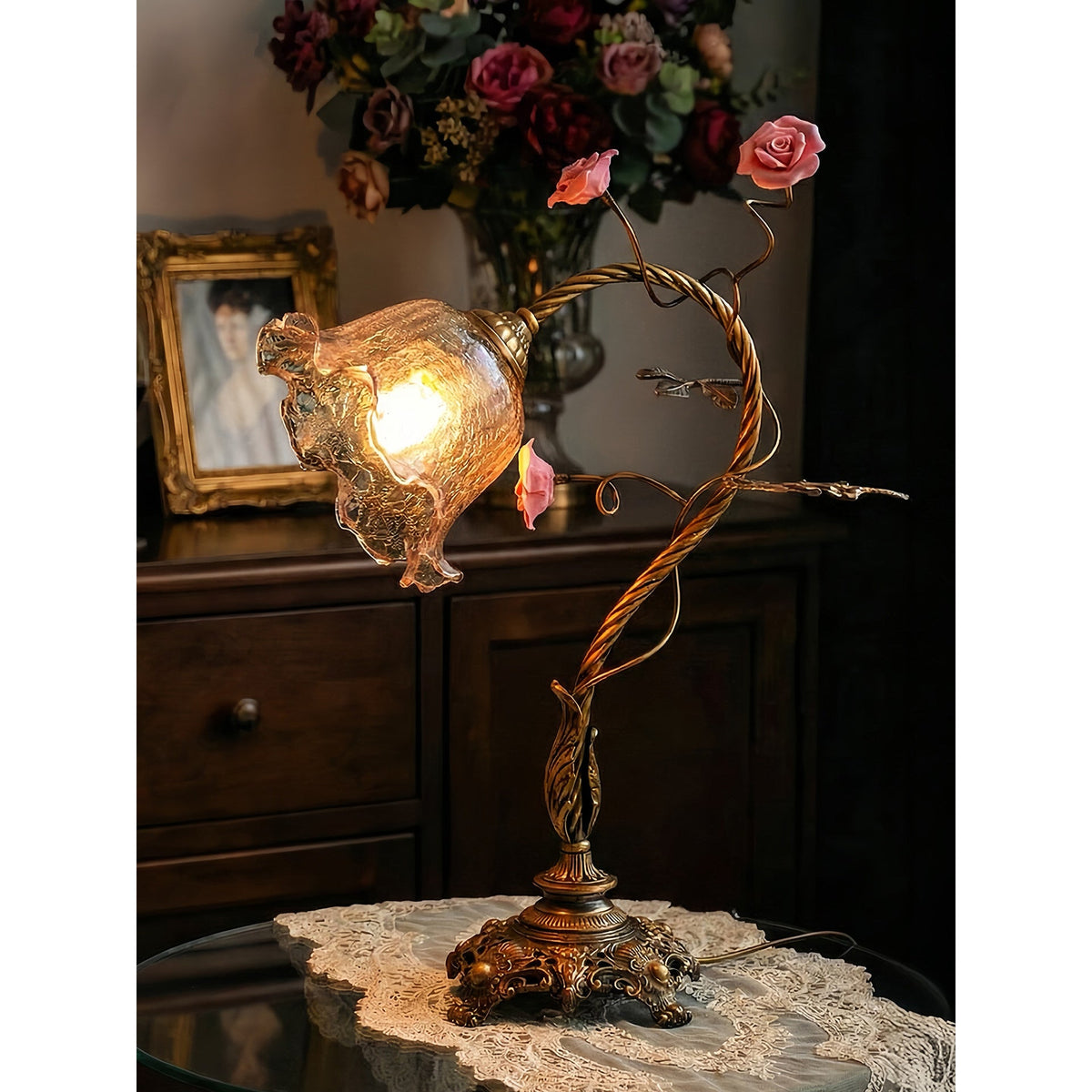 Beulah Table Lamp – Botanical Antique Bronze Brass & Ceramic Floral Accent Light