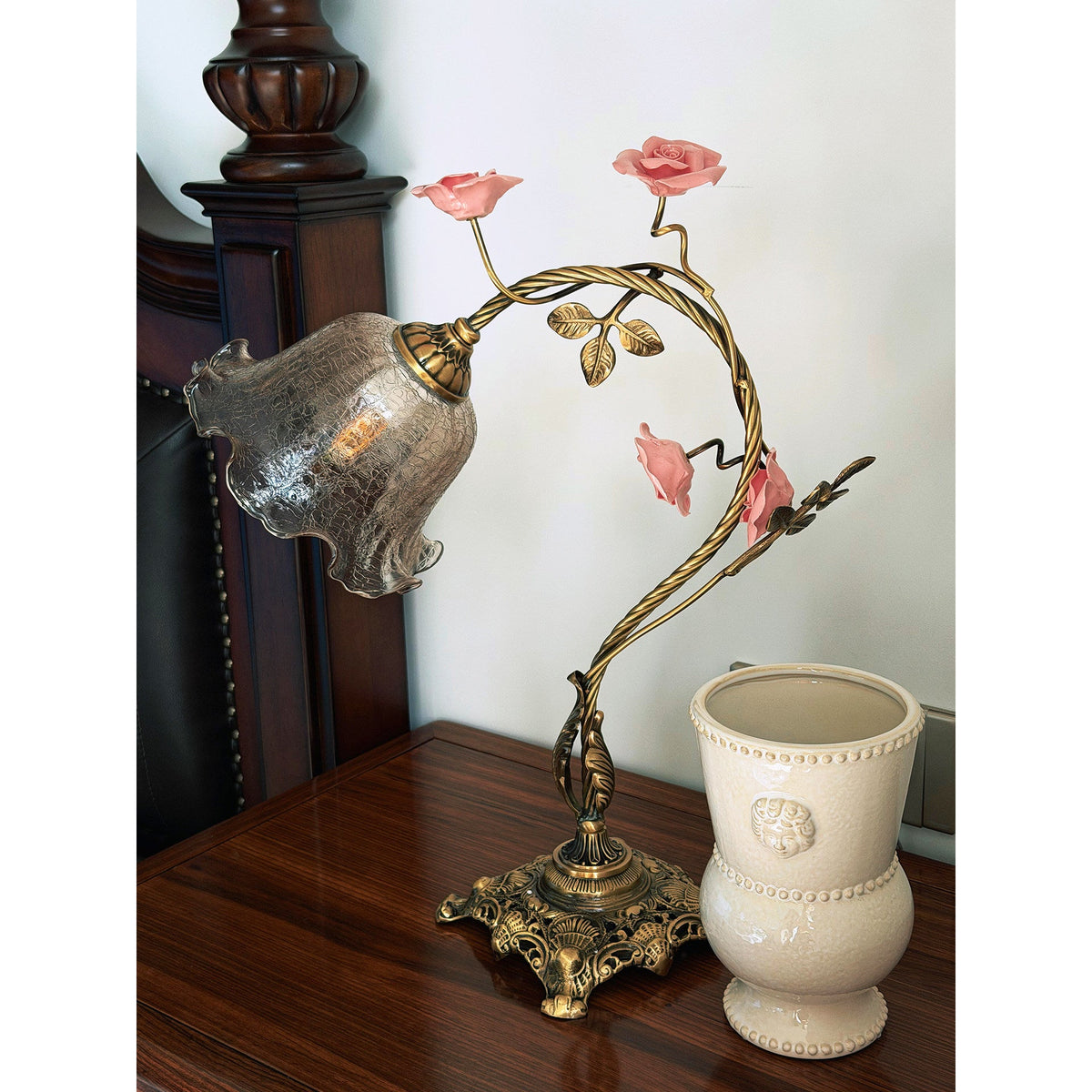 Beulah Table Lamp – Botanical Antique Bronze Brass & Ceramic Floral Accent Light