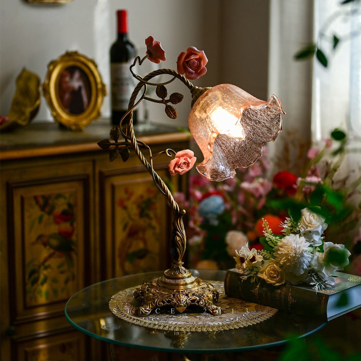 Beulah Table Lamp – Botanical Antique Bronze Brass & Ceramic Floral Accent Light