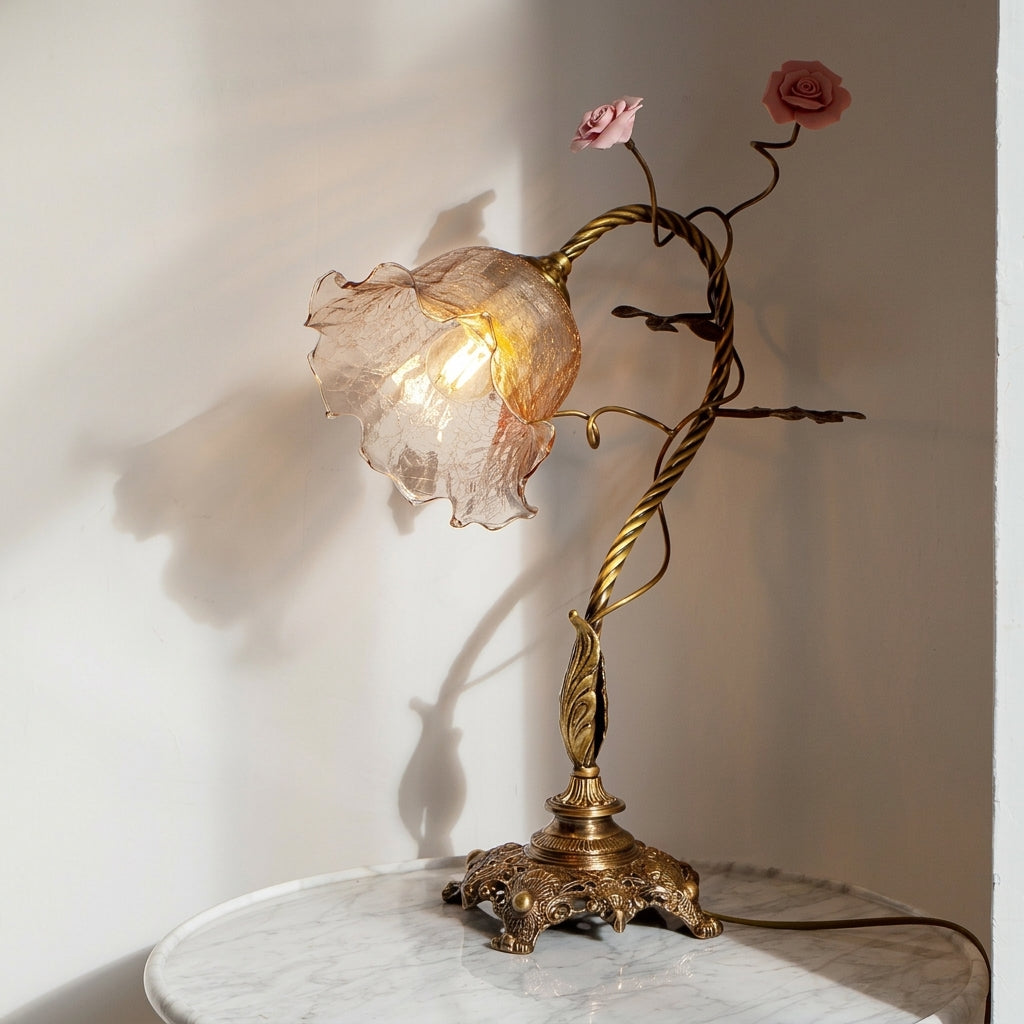 Beulah Table Lamp – Botanical Antique Bronze Brass & Ceramic Floral Accent Light
