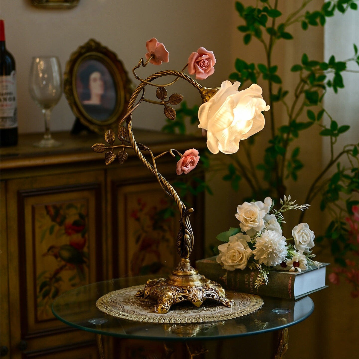 Beulah Table Lamp – Botanical Antique Bronze Brass & Ceramic Floral Accent Light