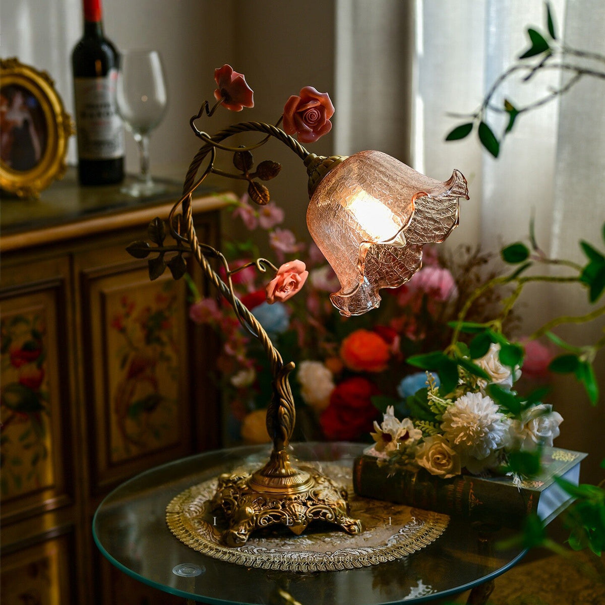 Beulah Table Lamp – Botanical Antique Bronze Brass & Ceramic Floral Accent Light
