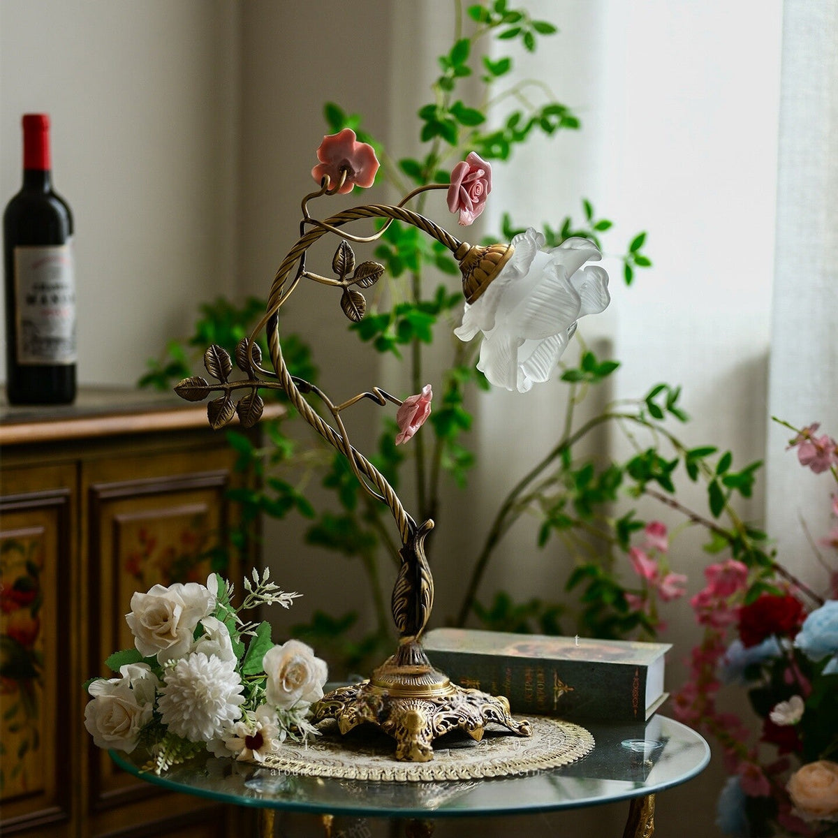 Beulah Table Lamp – Botanical Antique Bronze Brass & Ceramic Floral Accent Light