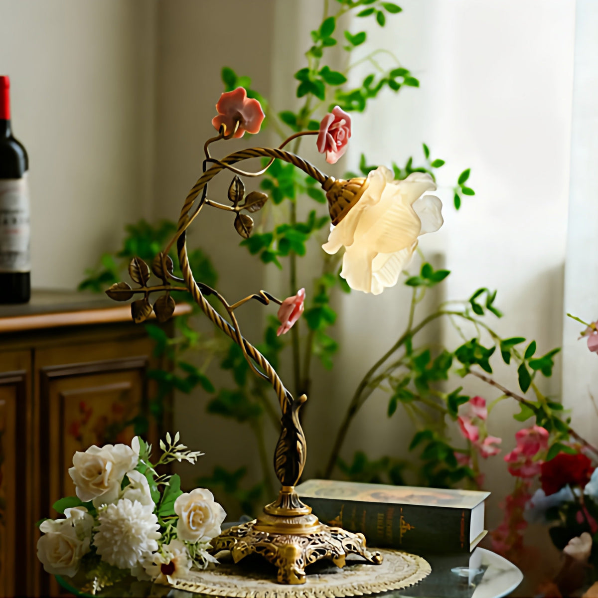 Beulah Table Lamp – Botanical Antique Bronze Brass & Ceramic Floral Accent Light