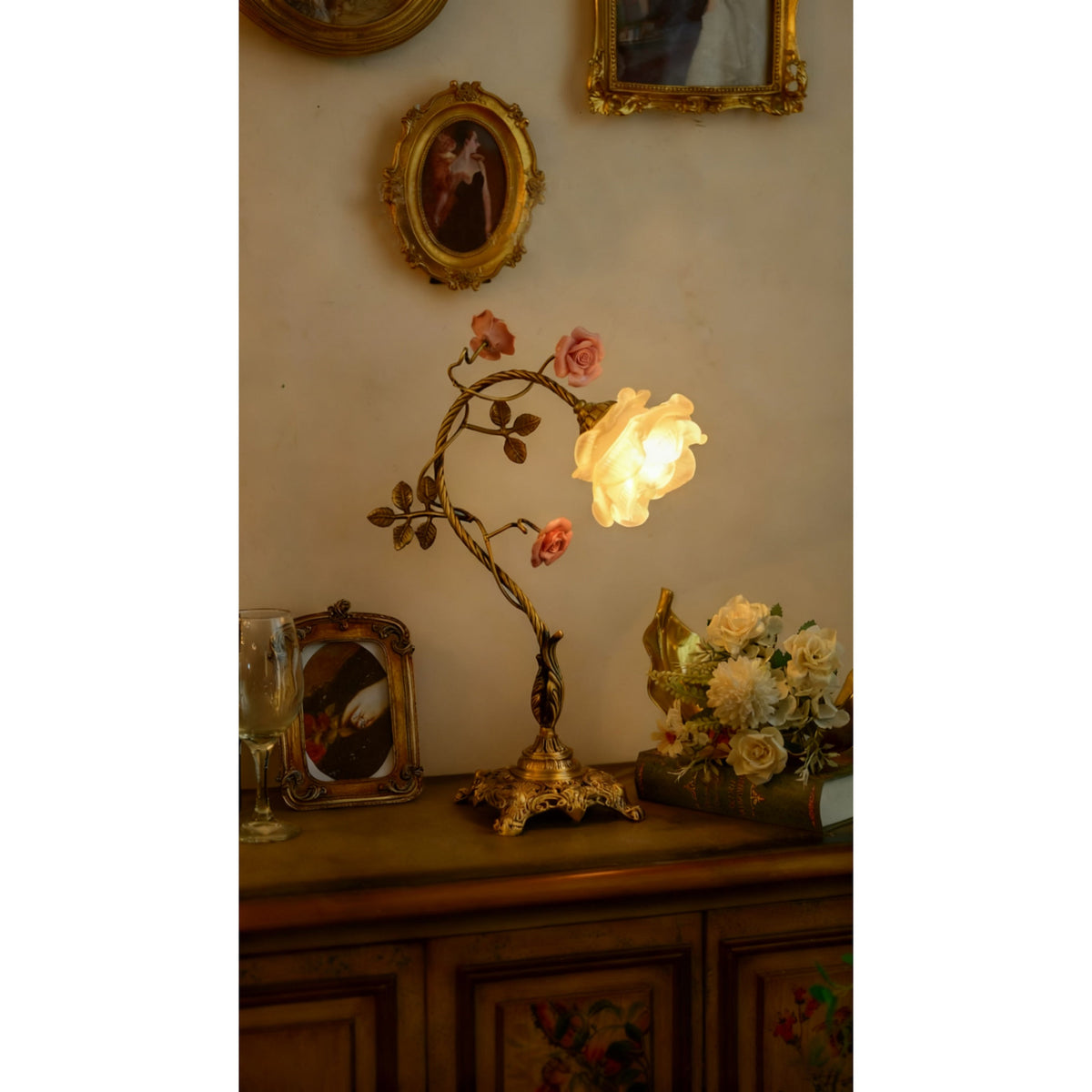 Beulah Table Lamp – Botanical Antique Bronze Brass & Ceramic Floral Accent Light