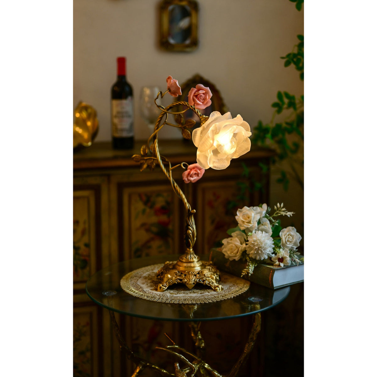 Beulah Table Lamp – Botanical Antique Bronze Brass & Ceramic Floral Accent Light