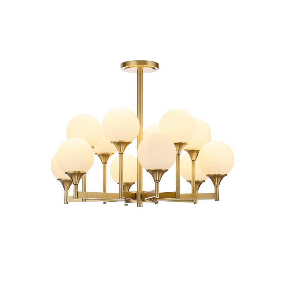 Beverly Chandelier – Retro Chic Satin Brass & Feathered White Glass Globe Chandelier