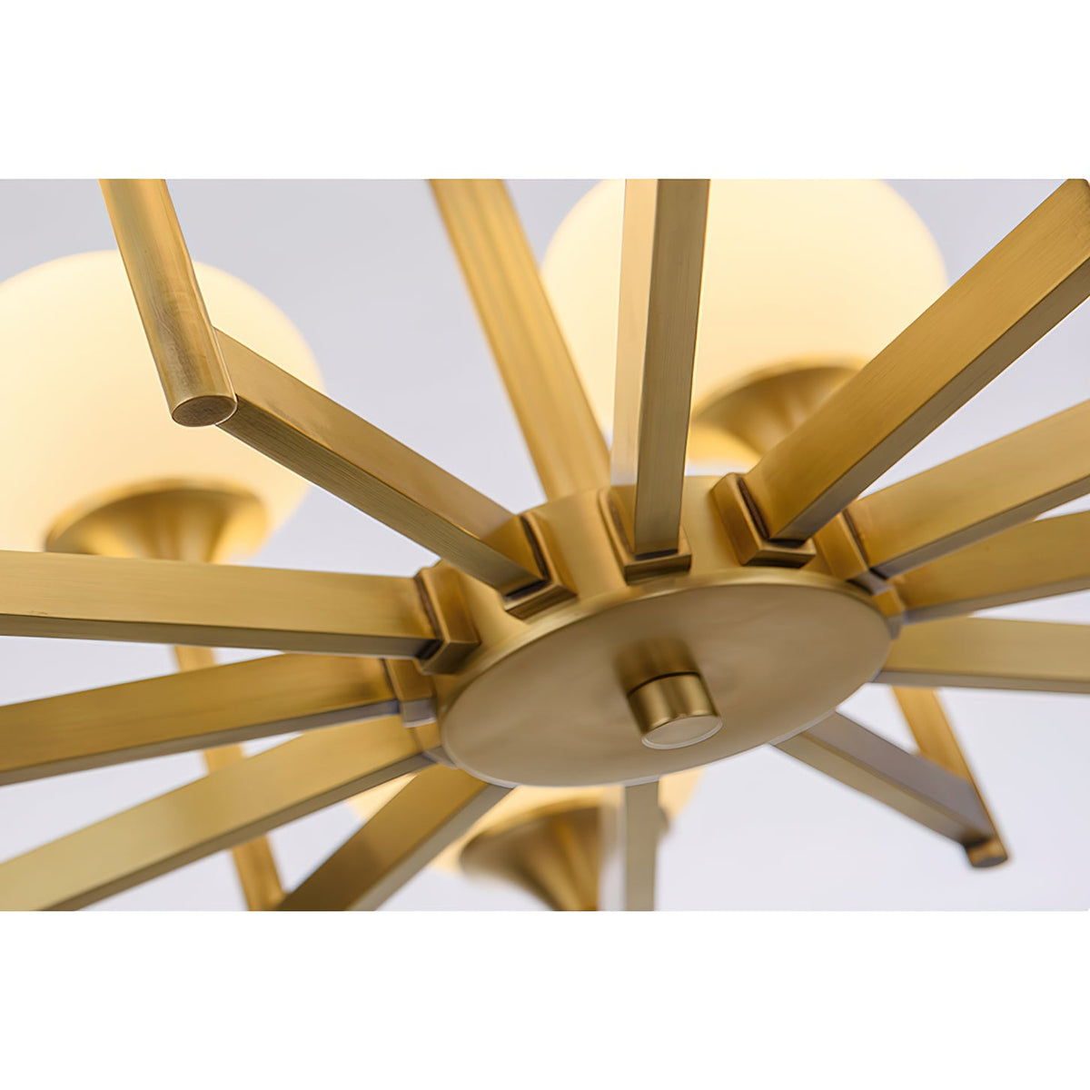 Beverly Chandelier – Retro Chic Satin Brass & Feathered White Glass Globe Chandelier