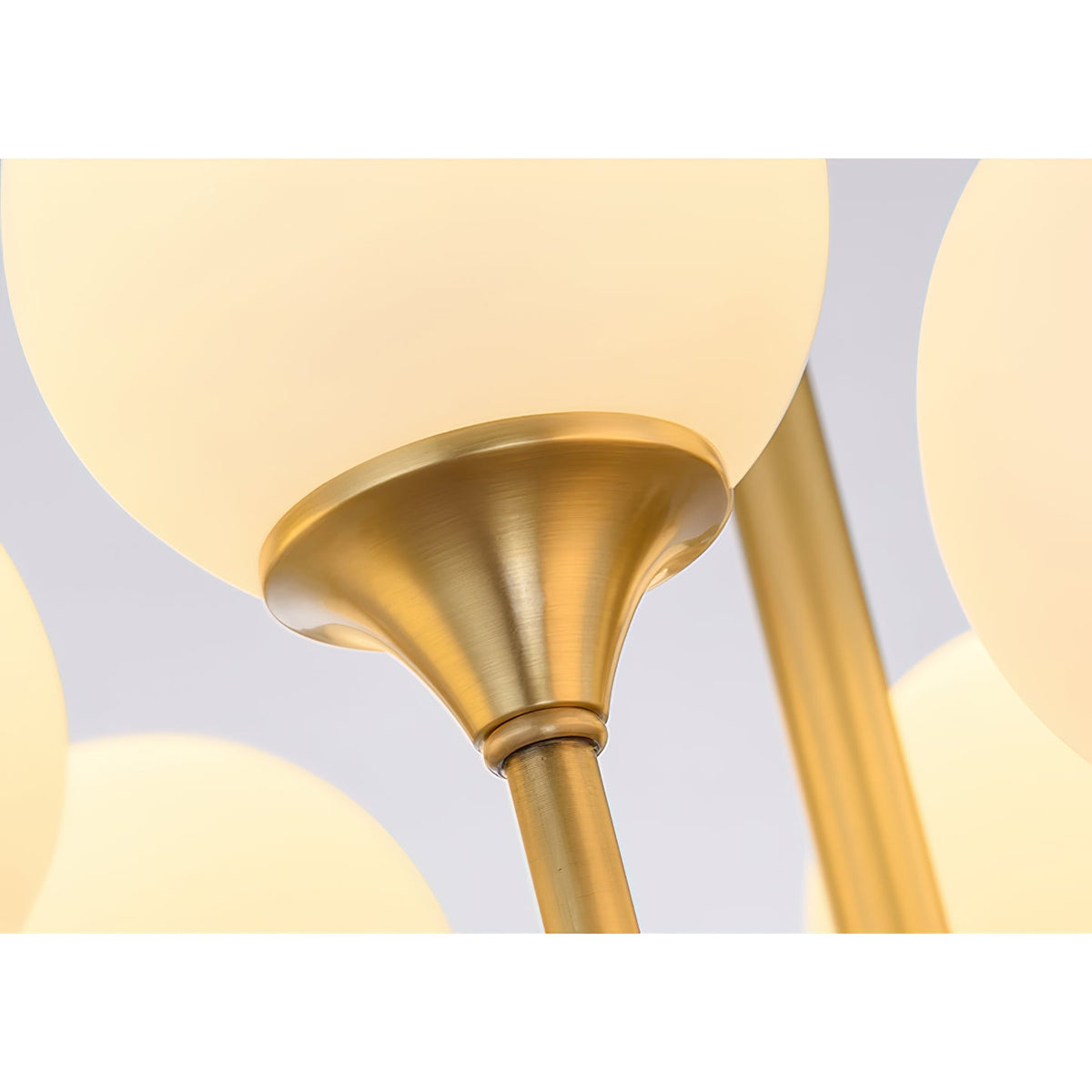 Beverly Chandelier – Retro Chic Satin Brass & Feathered White Glass Globe Chandelier