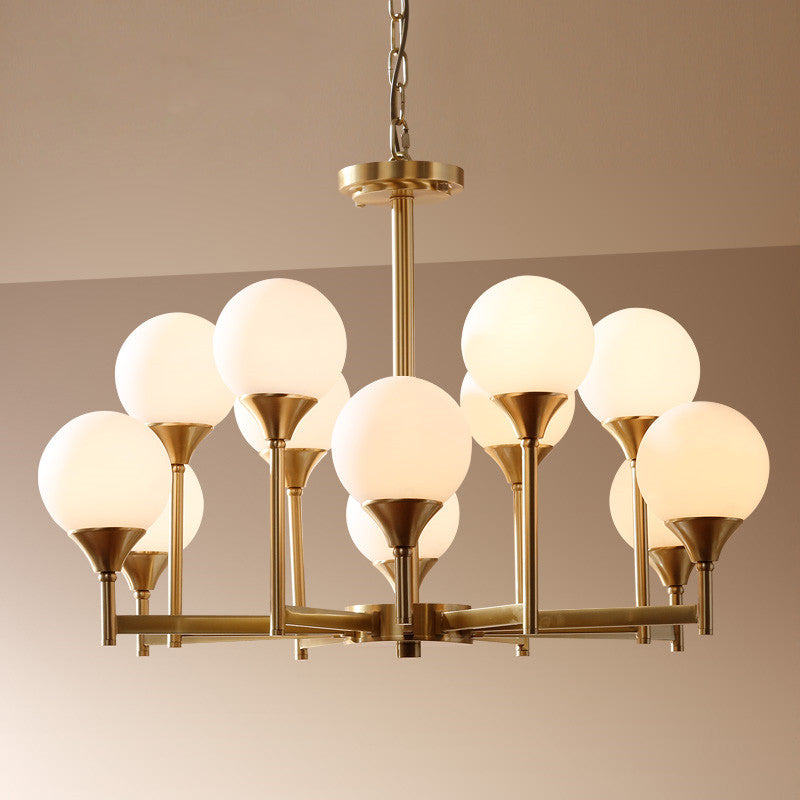 Beverly Chandelier – Retro Chic Satin Brass & Feathered White Glass Globe Chandelier