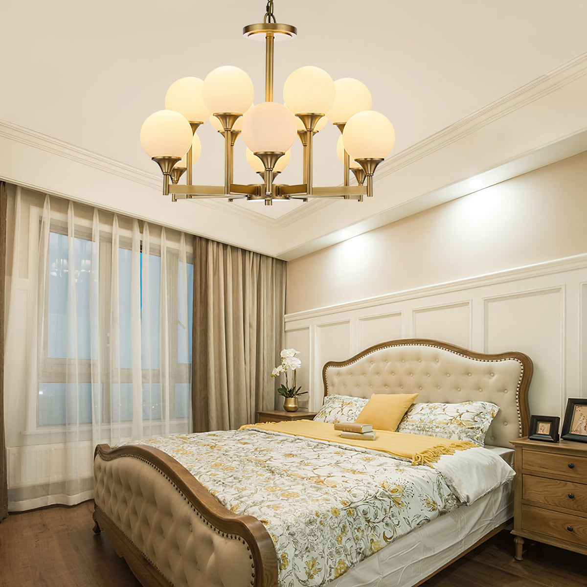 Beverly Chandelier – Retro Chic Satin Brass & Feathered White Glass Globe Chandelier