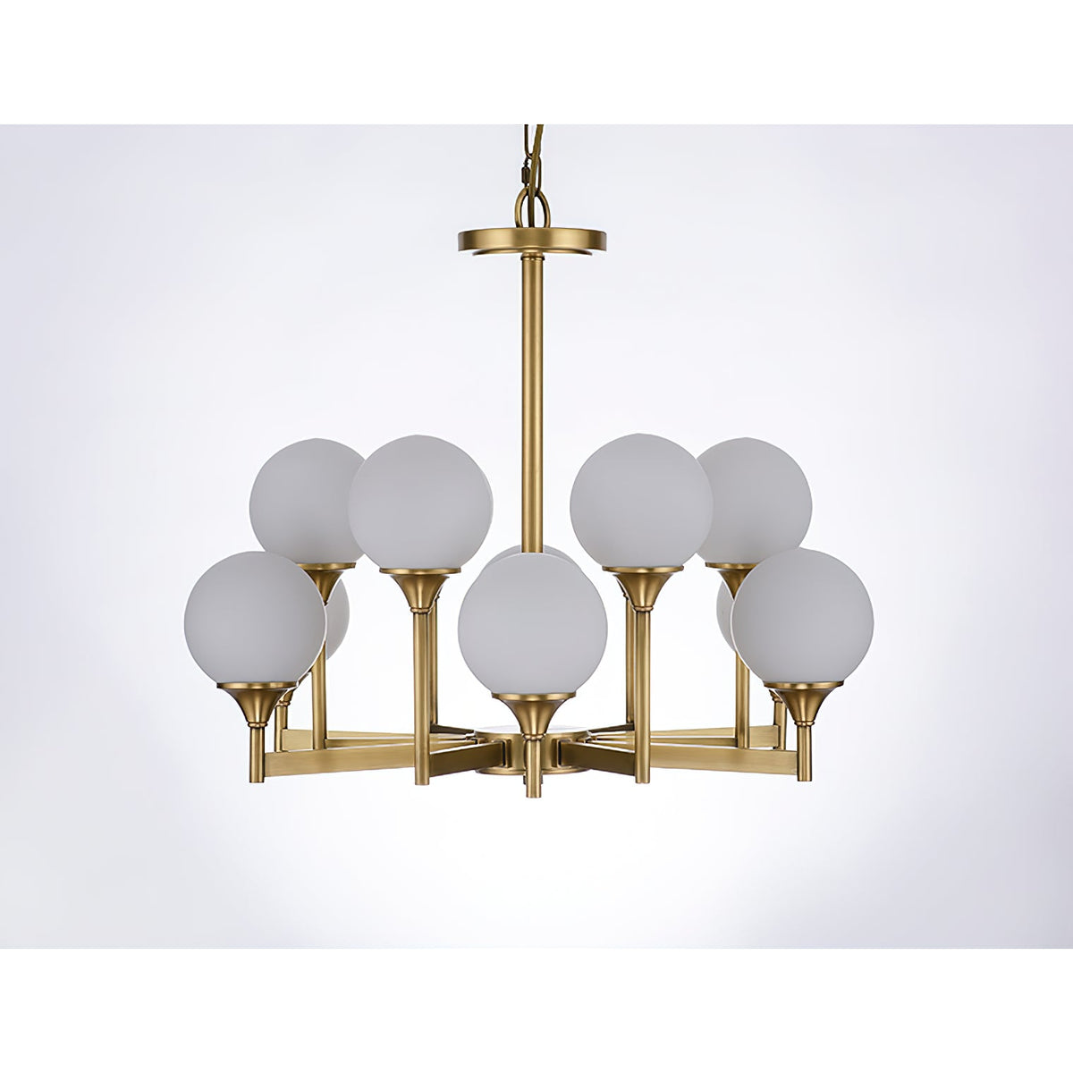 Beverly Chandelier – Retro Chic Satin Brass & Feathered White Glass Globe Chandelier