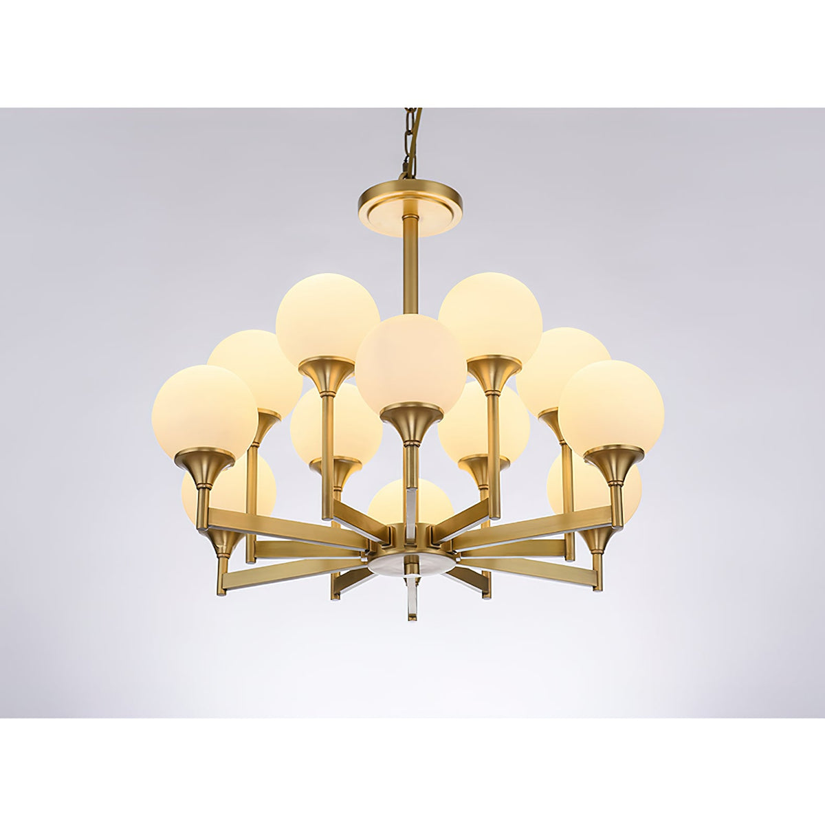 Beverly Chandelier – Retro Chic Satin Brass & Feathered White Glass Globe Chandelier