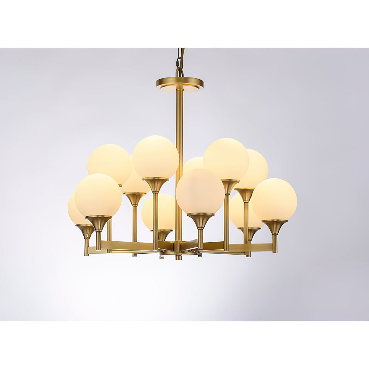 Beverly Chandelier – Retro Chic Satin Brass & Feathered White Glass Globe Chandelier