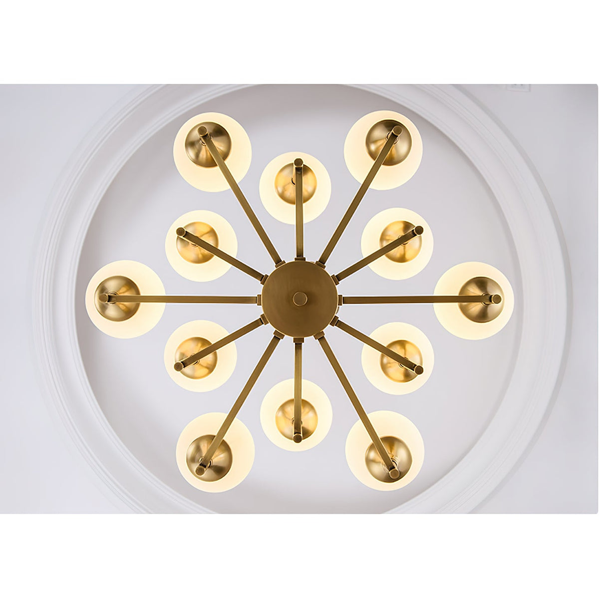 Beverly Chandelier – Retro Chic Satin Brass & Feathered White Glass Globe Chandelier