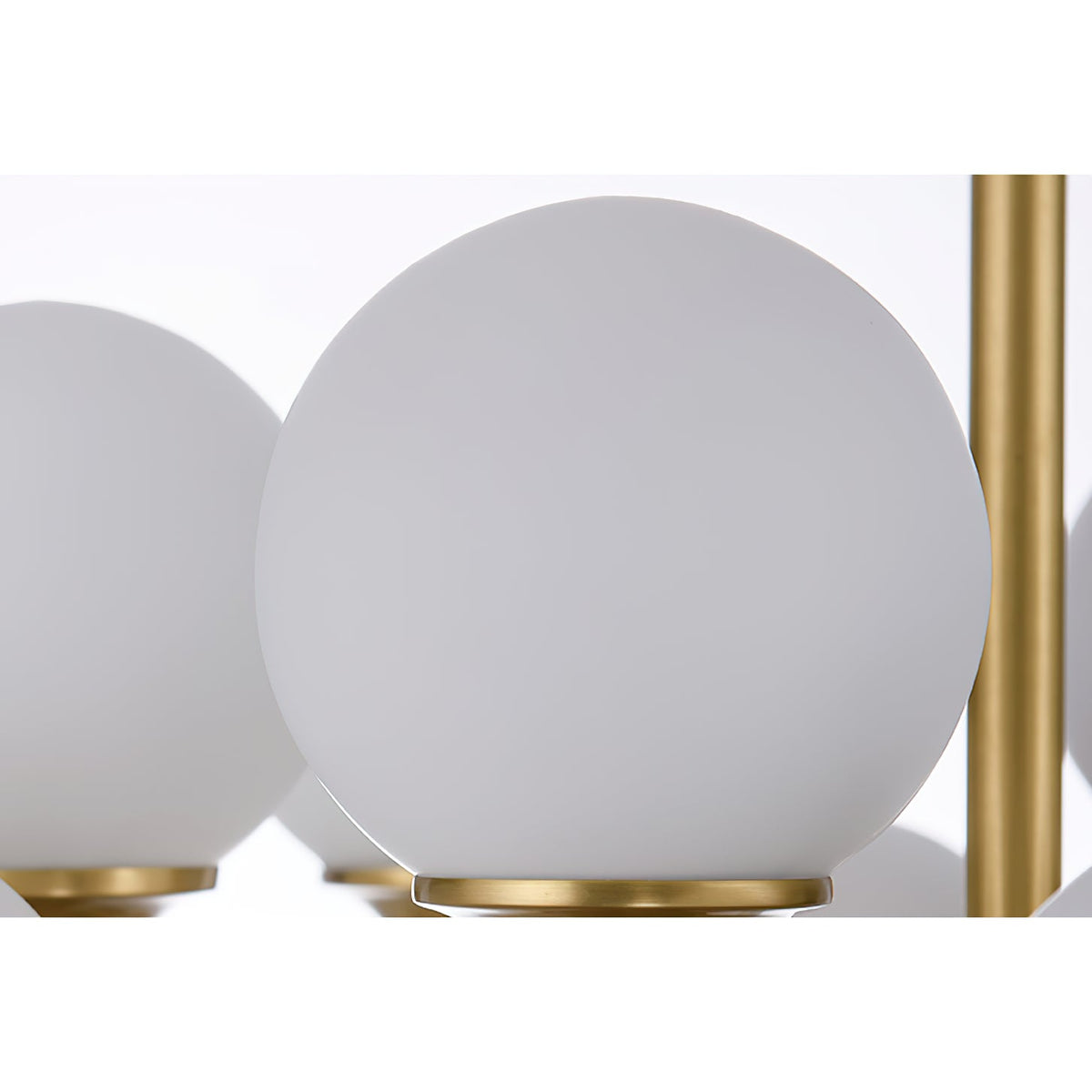 Beverly Chandelier – Retro Chic Satin Brass & Feathered White Glass Globe Chandelier