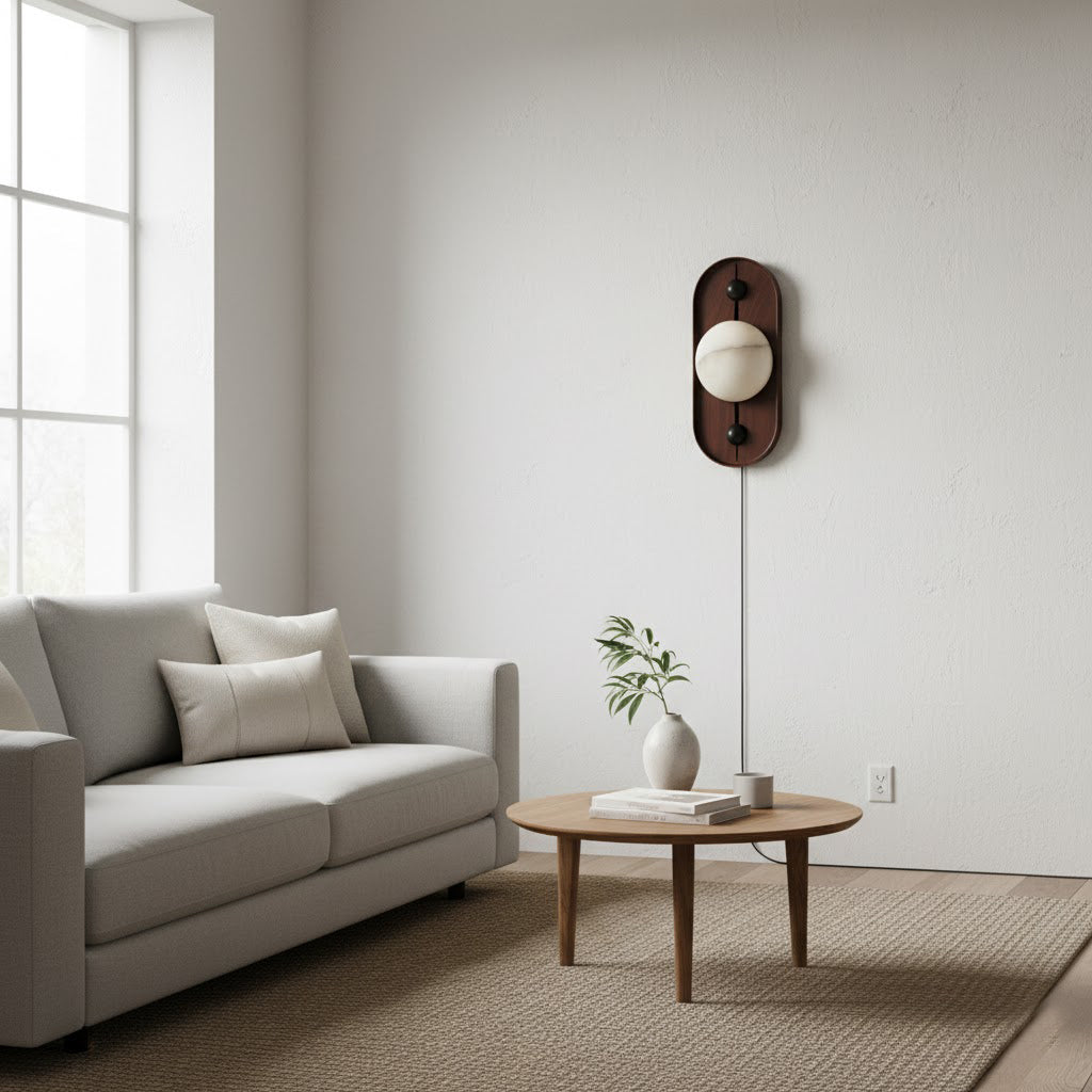Bezel Alabaster Plug-in Wall Lamp – Walnut Finish Iron & Alabaster Corded Wall Sconce