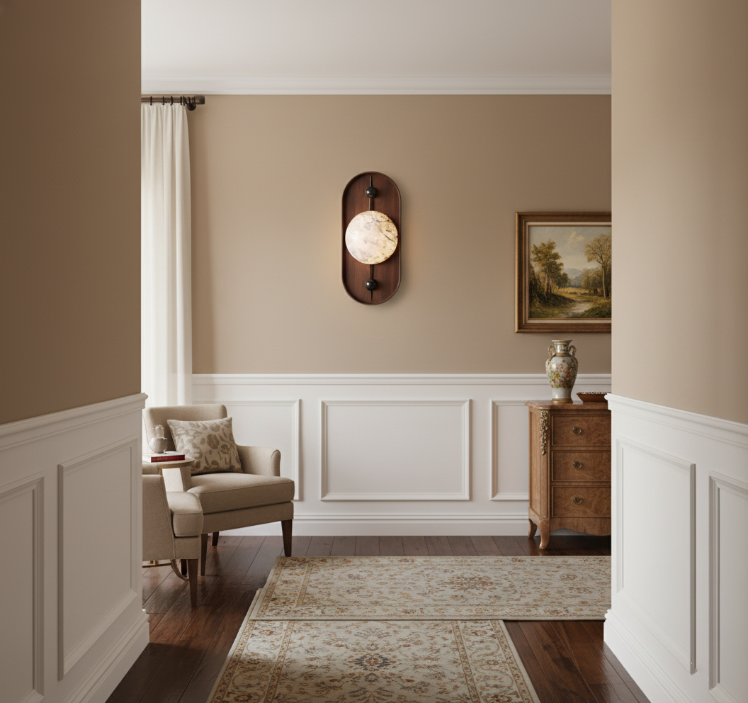 Bezel Alabaster Wall Lamp – Walnut Finish Iron & Genuine Alabaster Wall Sconce