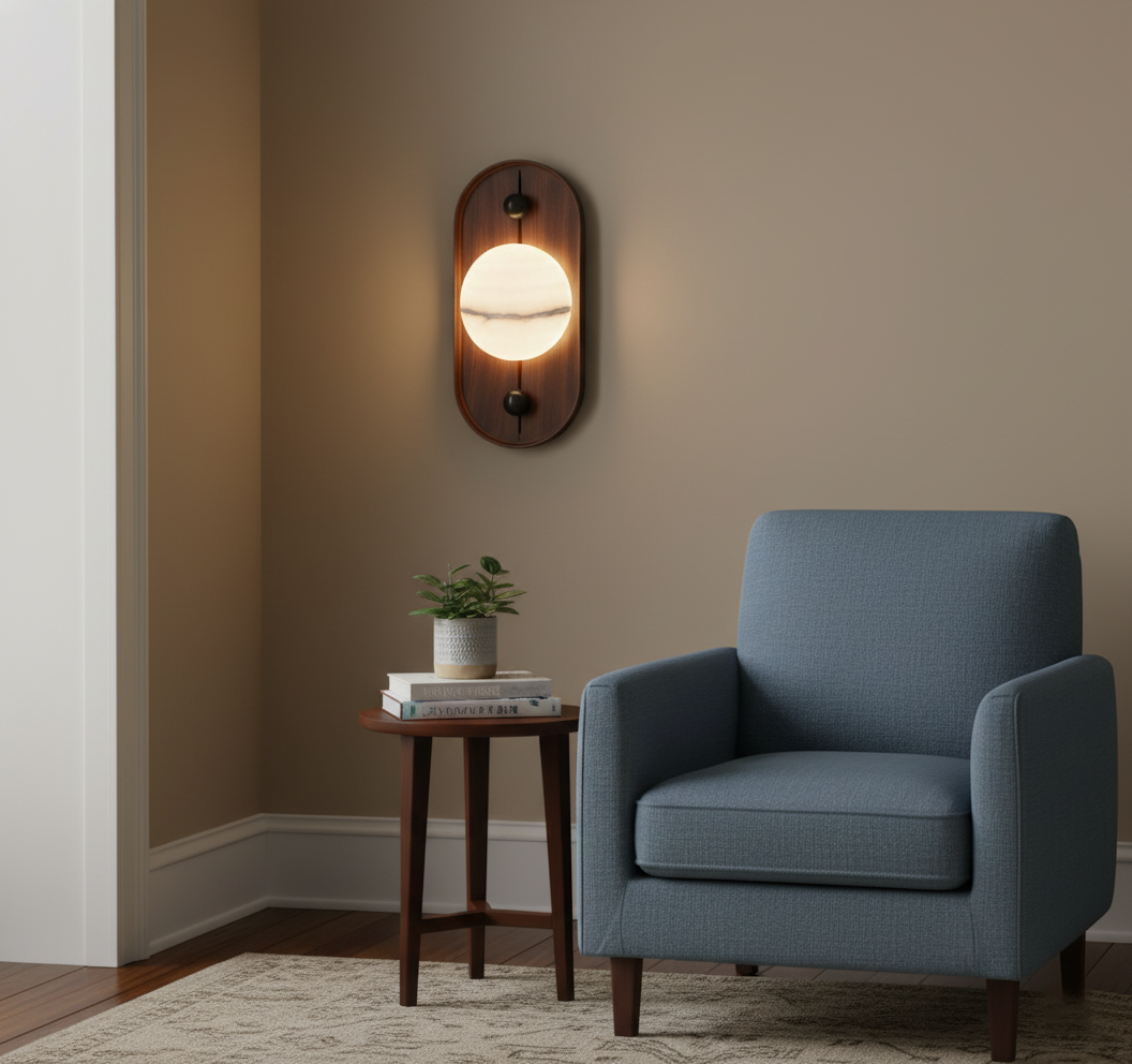 Bezel Alabaster Wall Lamp – Walnut Finish Iron & Genuine Alabaster Wall Sconce