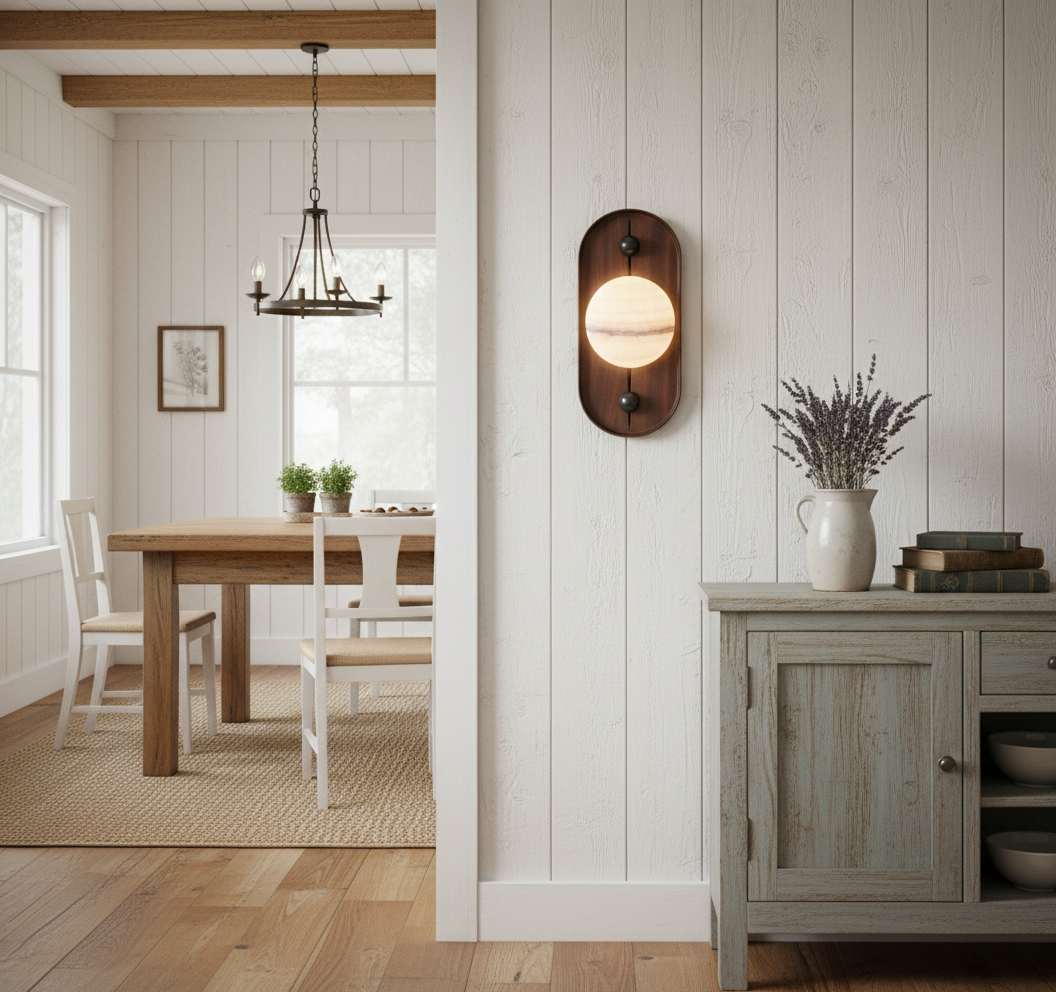Bezel Alabaster Wall Lamp – Walnut Finish Iron & Genuine Alabaster Wall Sconce