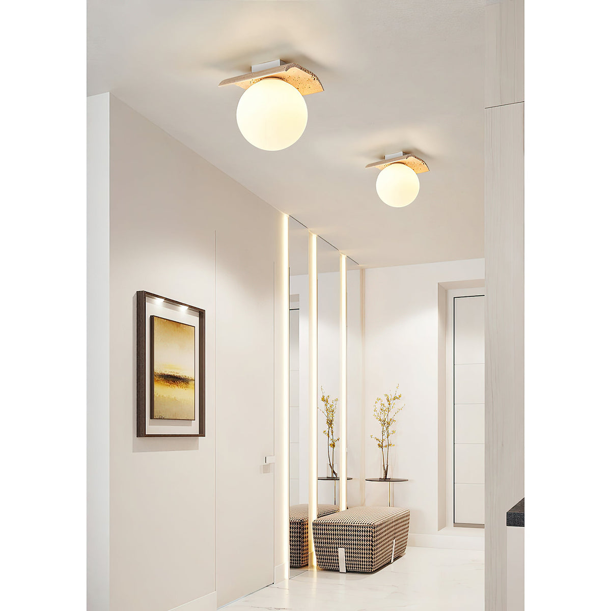 Bianca Globe Ceiling Lamp – Natural Travertine Stone & Glass Globe Ceiling Light