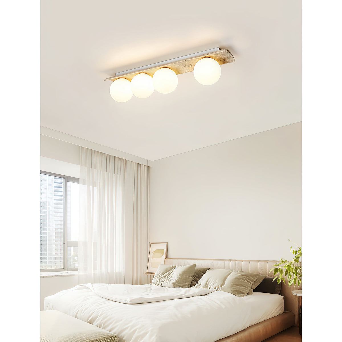 Bianca Globe Ceiling Lamp – Natural Travertine Stone & Glass Globe Ceiling Light