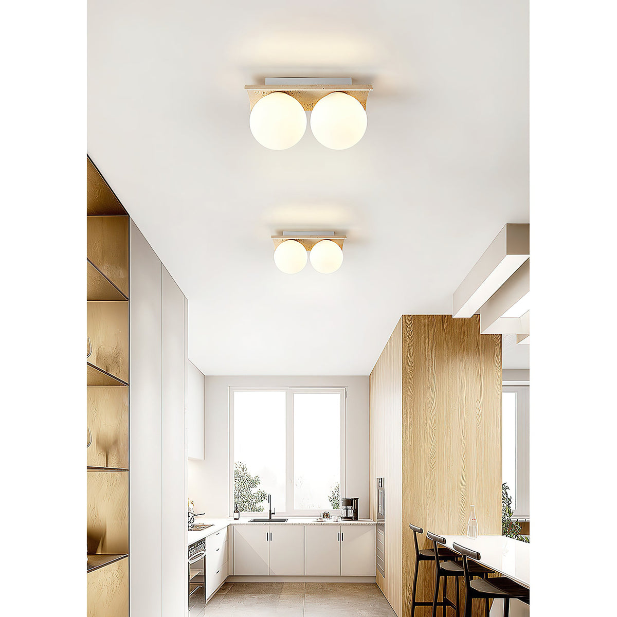 Bianca Globe Ceiling Lamp – Natural Travertine Stone & Glass Globe Ceiling Light