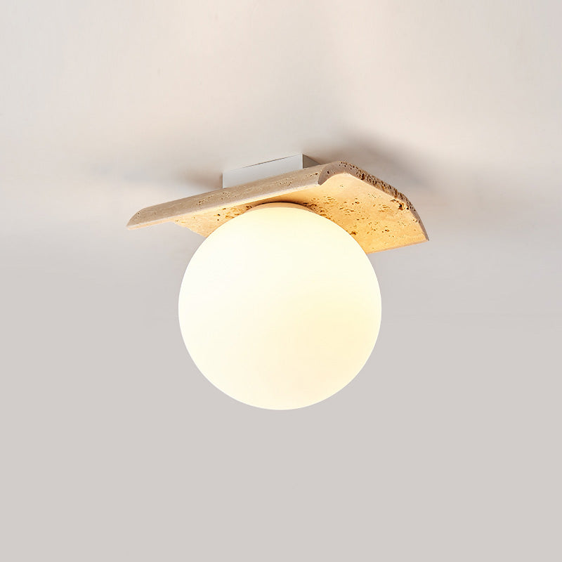 Bianca Globe Ceiling Lamp – Natural Travertine Stone & Glass Globe Ceiling Light