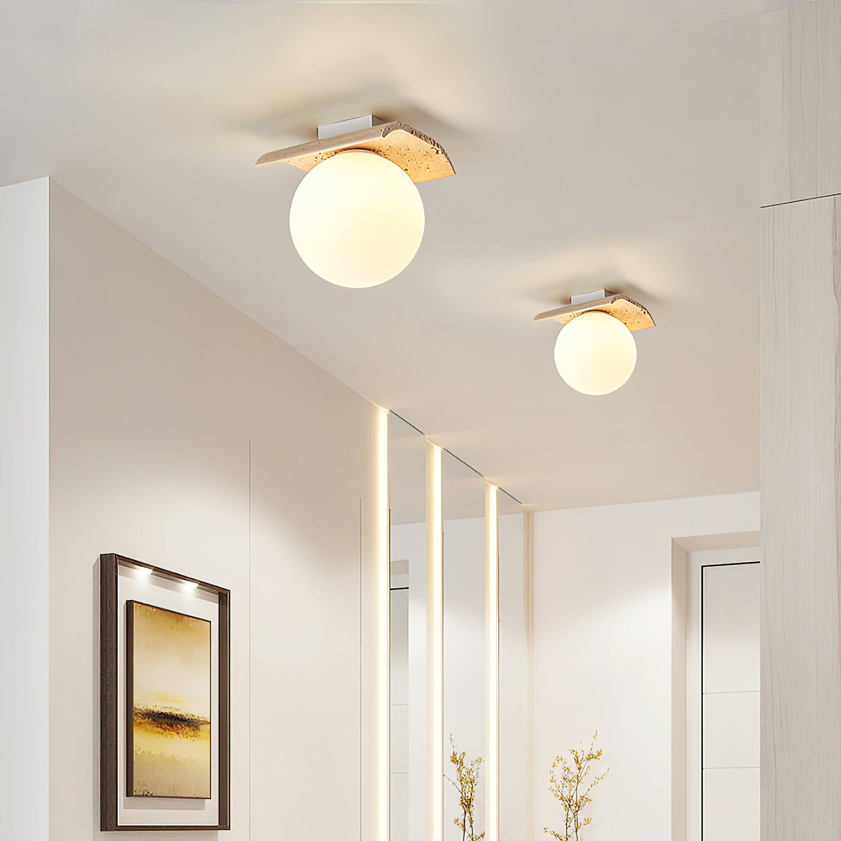 Bianca Globe Ceiling Lamp – Natural Travertine Stone & Glass Globe Ceiling Light
