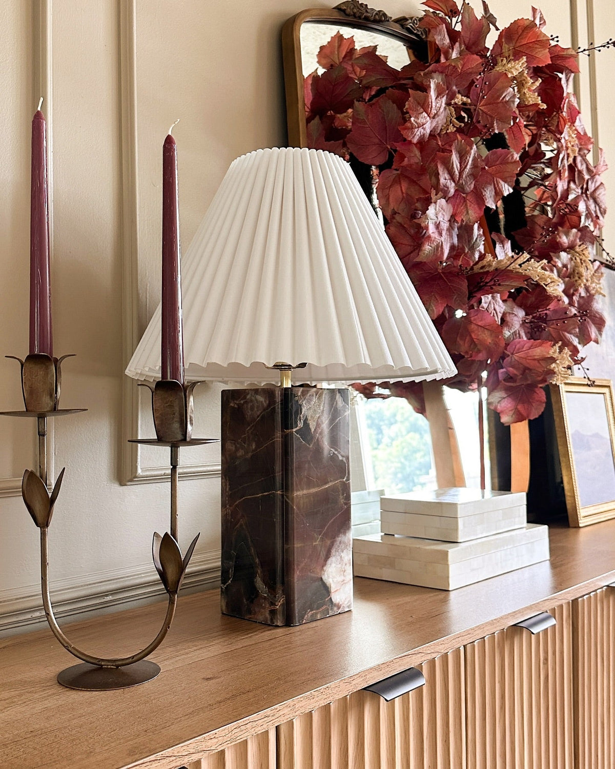 Bianca Marble Table Lamp – Red-Brown Marble, Gold Metal & Pleated Fabric Accent Light